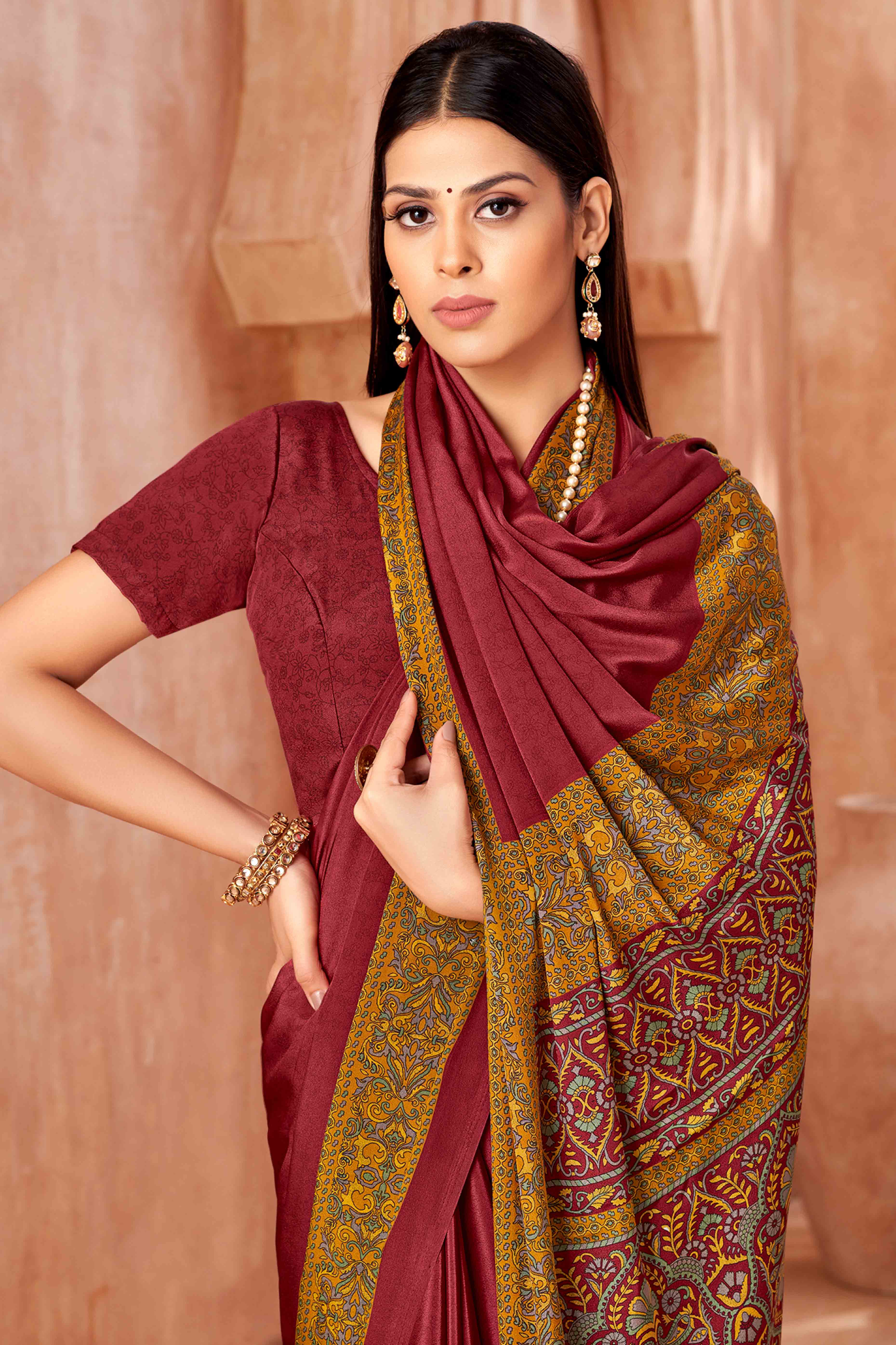 Maroon Crepe Silk Saree with Elegant Floral Print Detailing