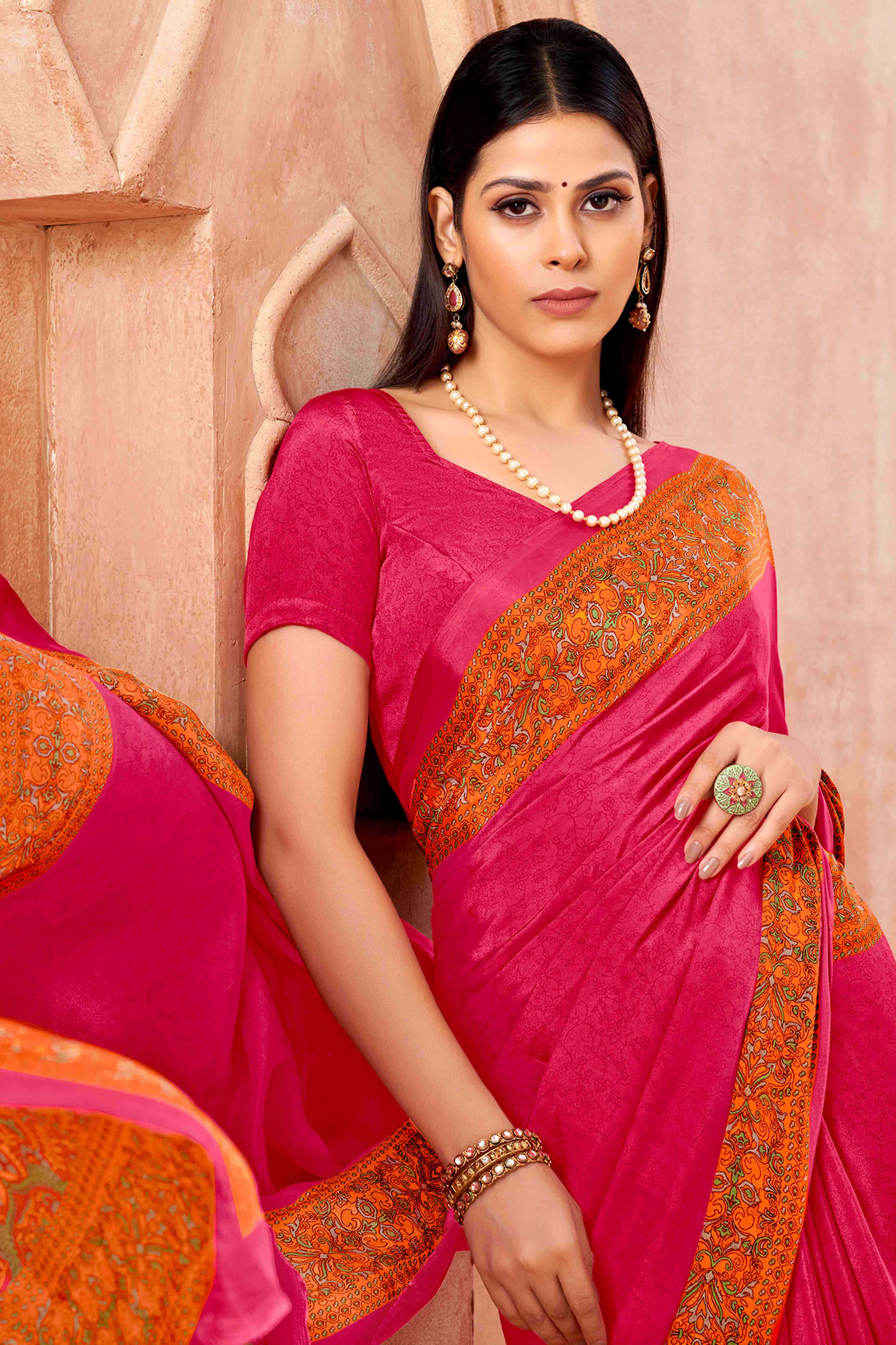 Pink Crepe Silk Saree with Elegant Floral Print Detailing