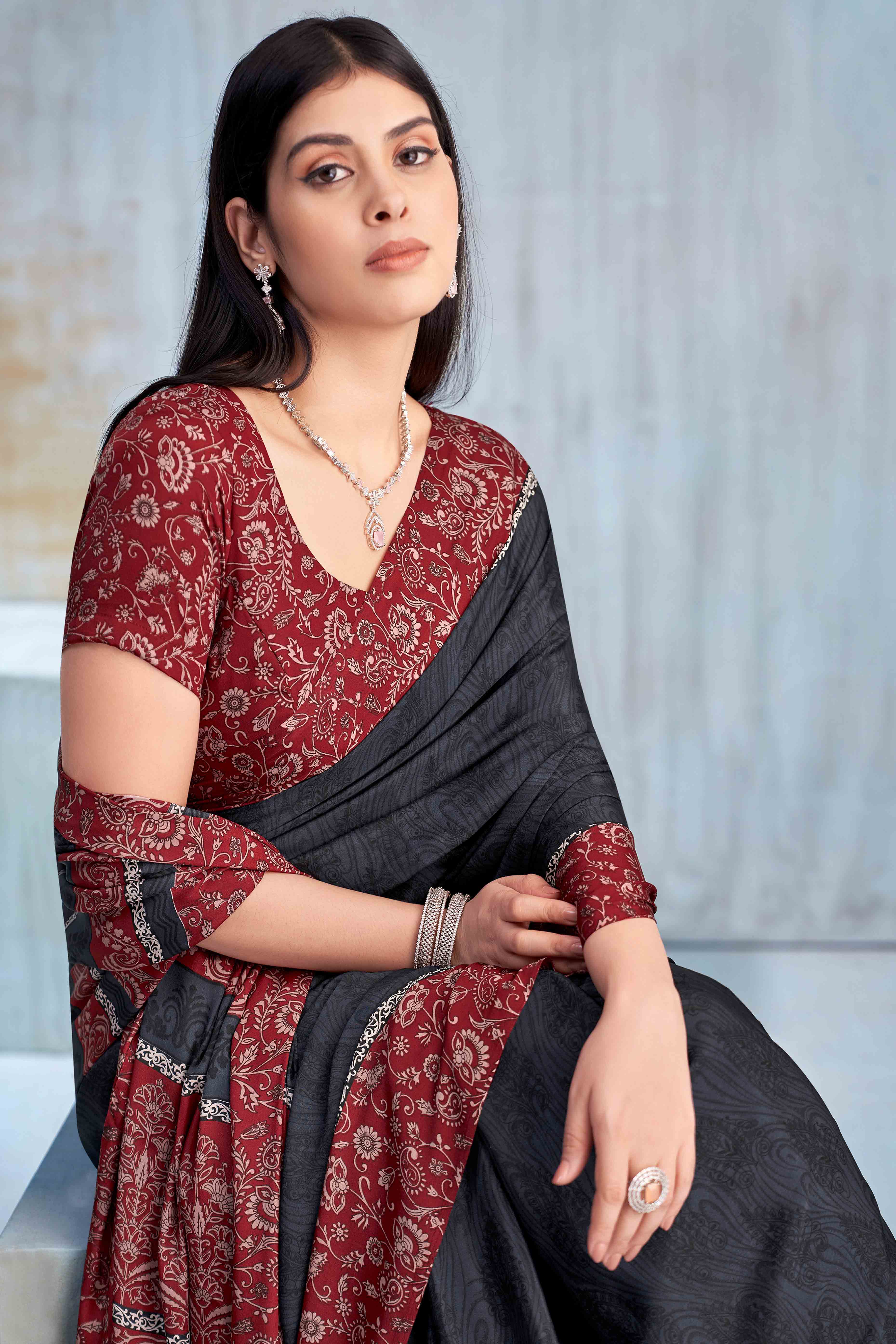 Dark Grey Crepe Silk Saree Featuring Delicate Floral Print Work