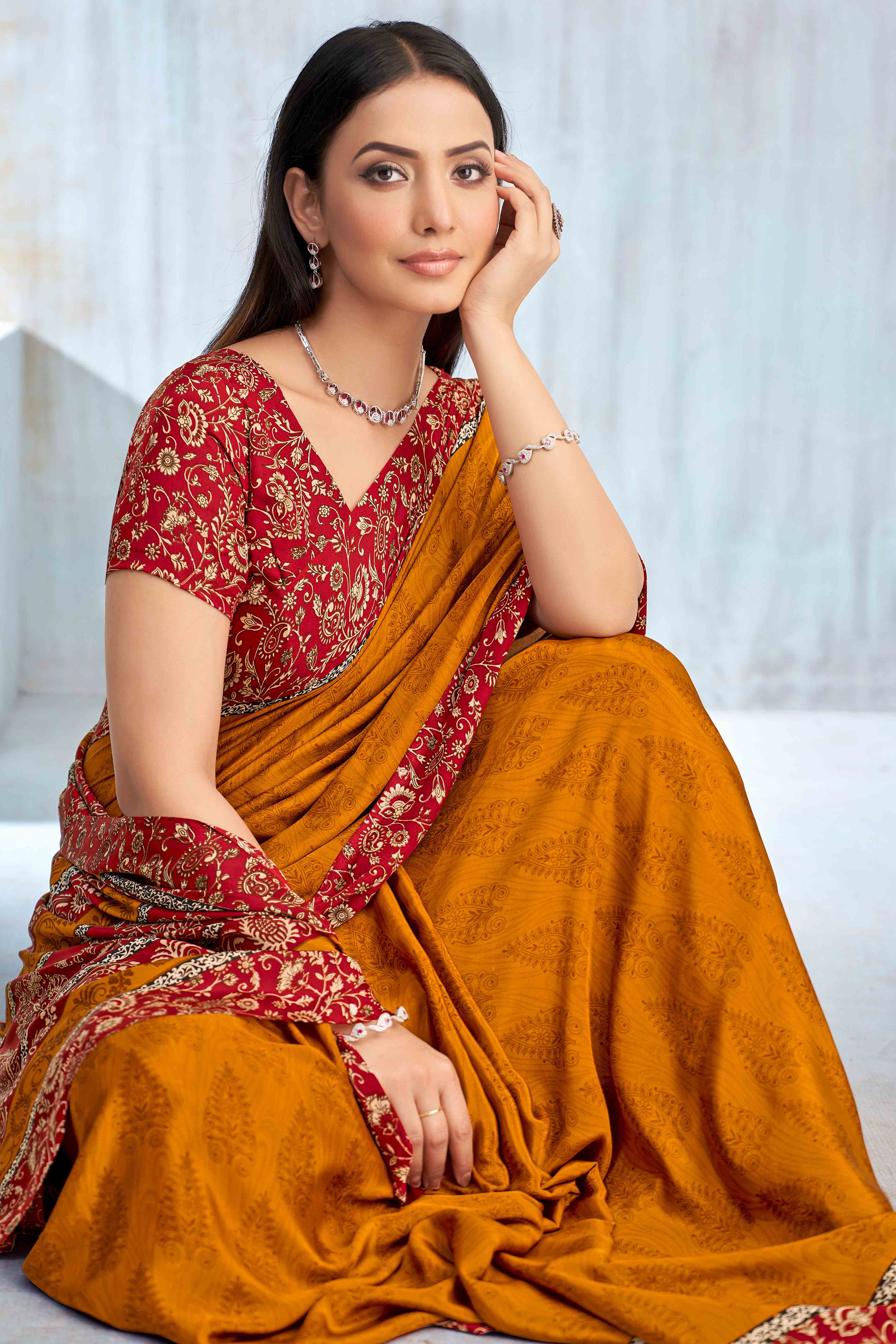 Mustard Crepe Silk Saree Featuring Delicate Floral Print Work