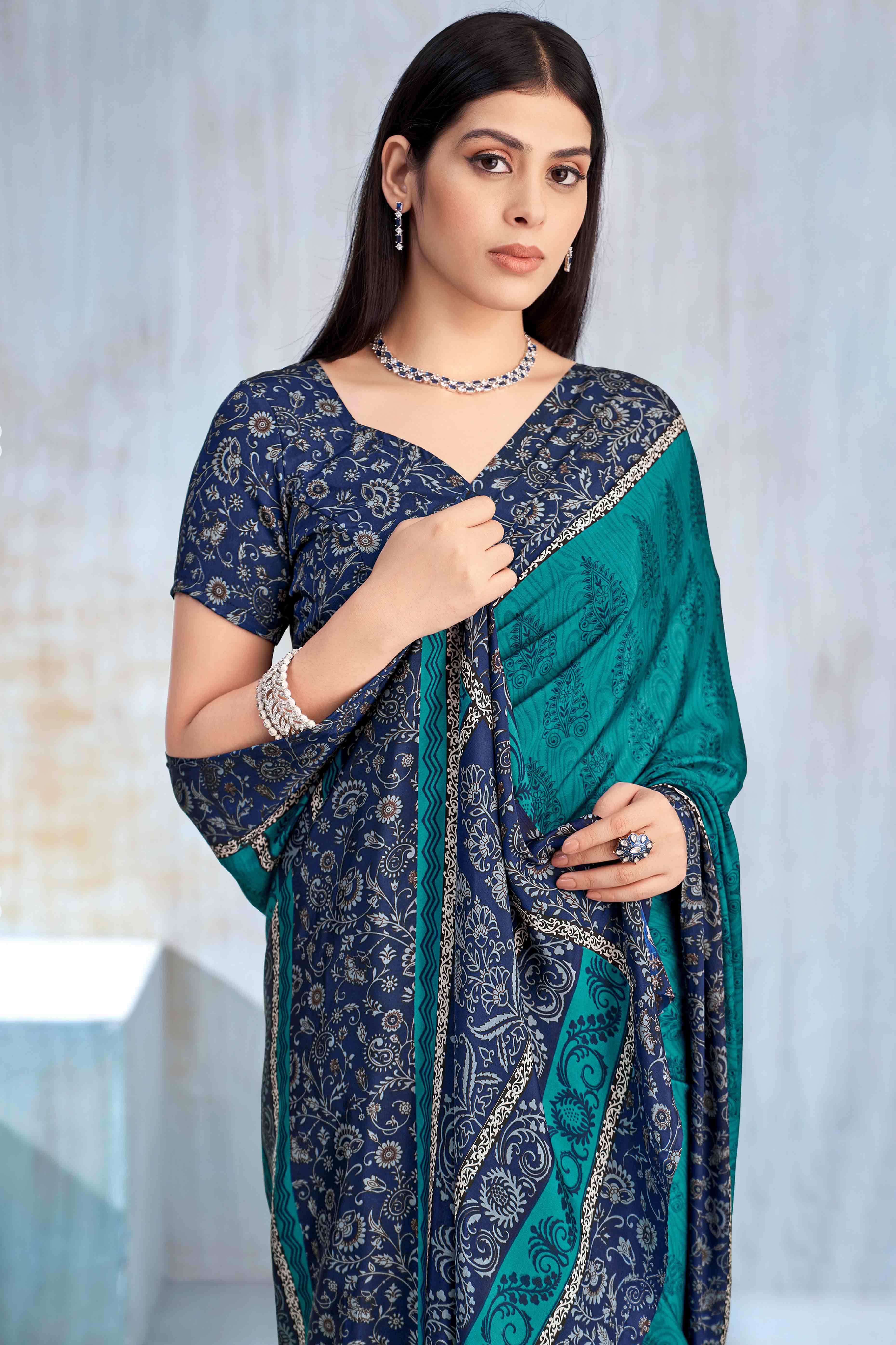 Teal Crepe Silk Saree Featuring Delicate Floral Print Work