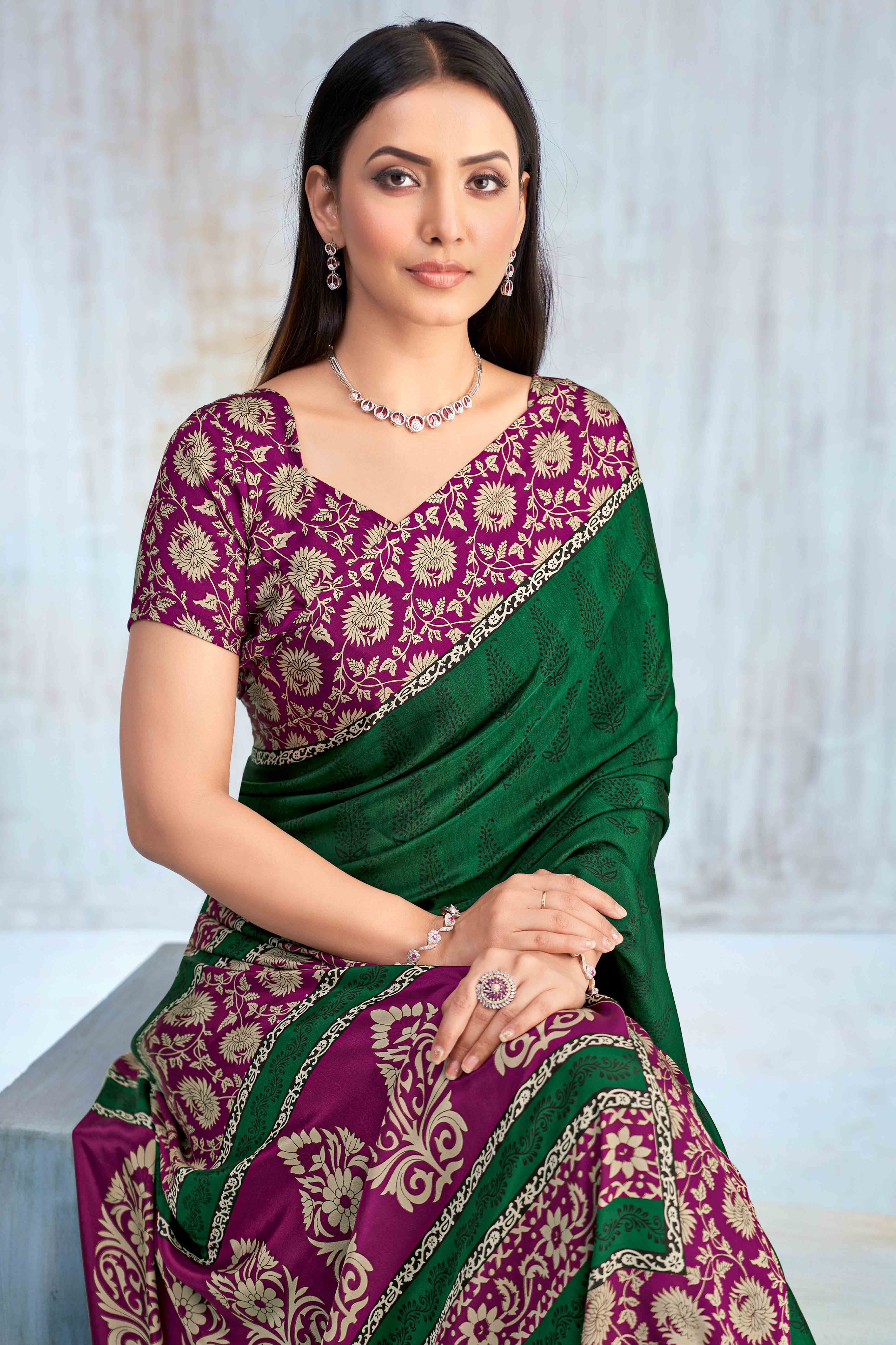 Green Crepe Silk Saree Featuring Delicate Floral Print Work