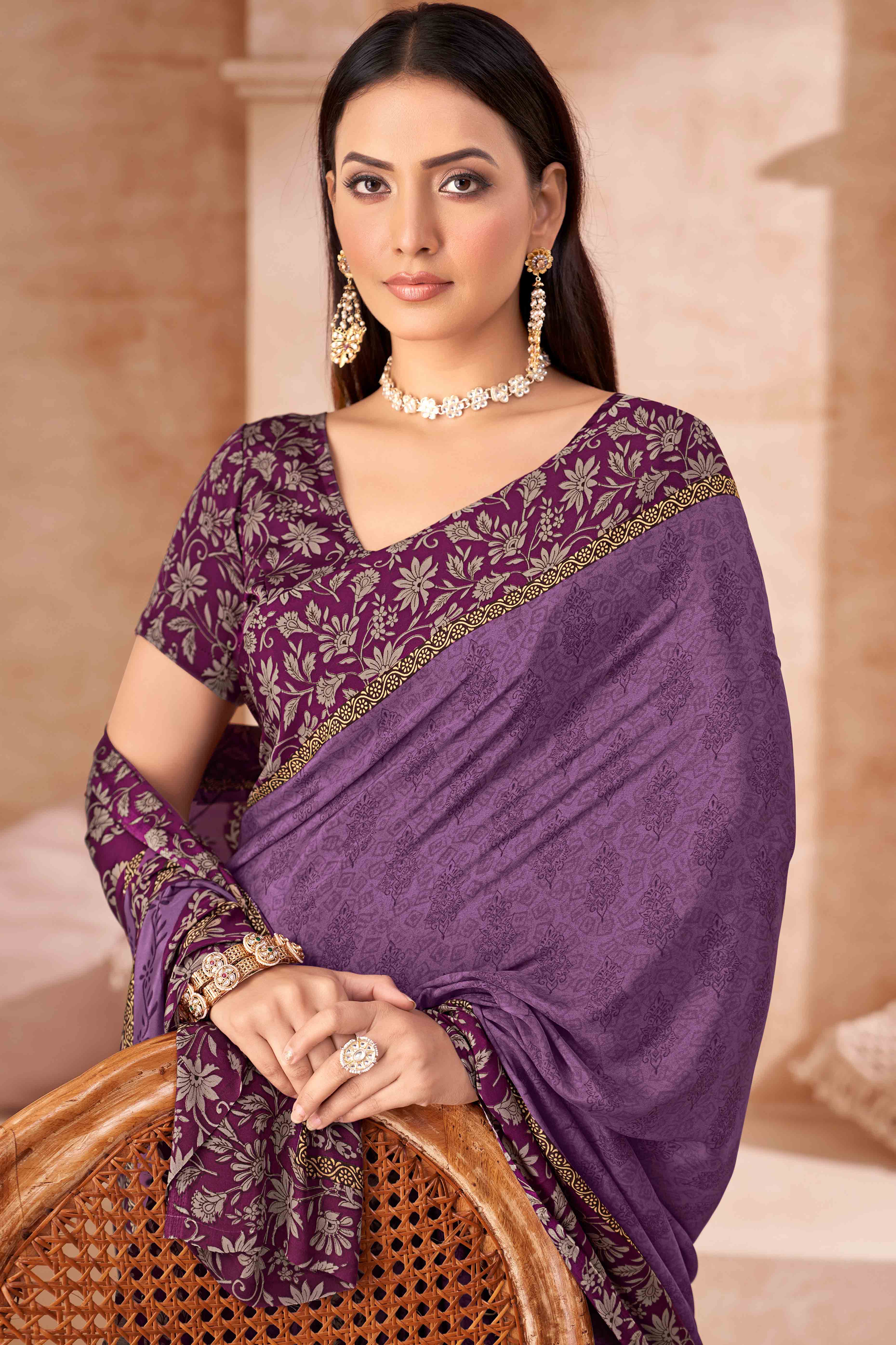 Plum Purple Crepe Silk Saree With Timeless Floral Print Detailing