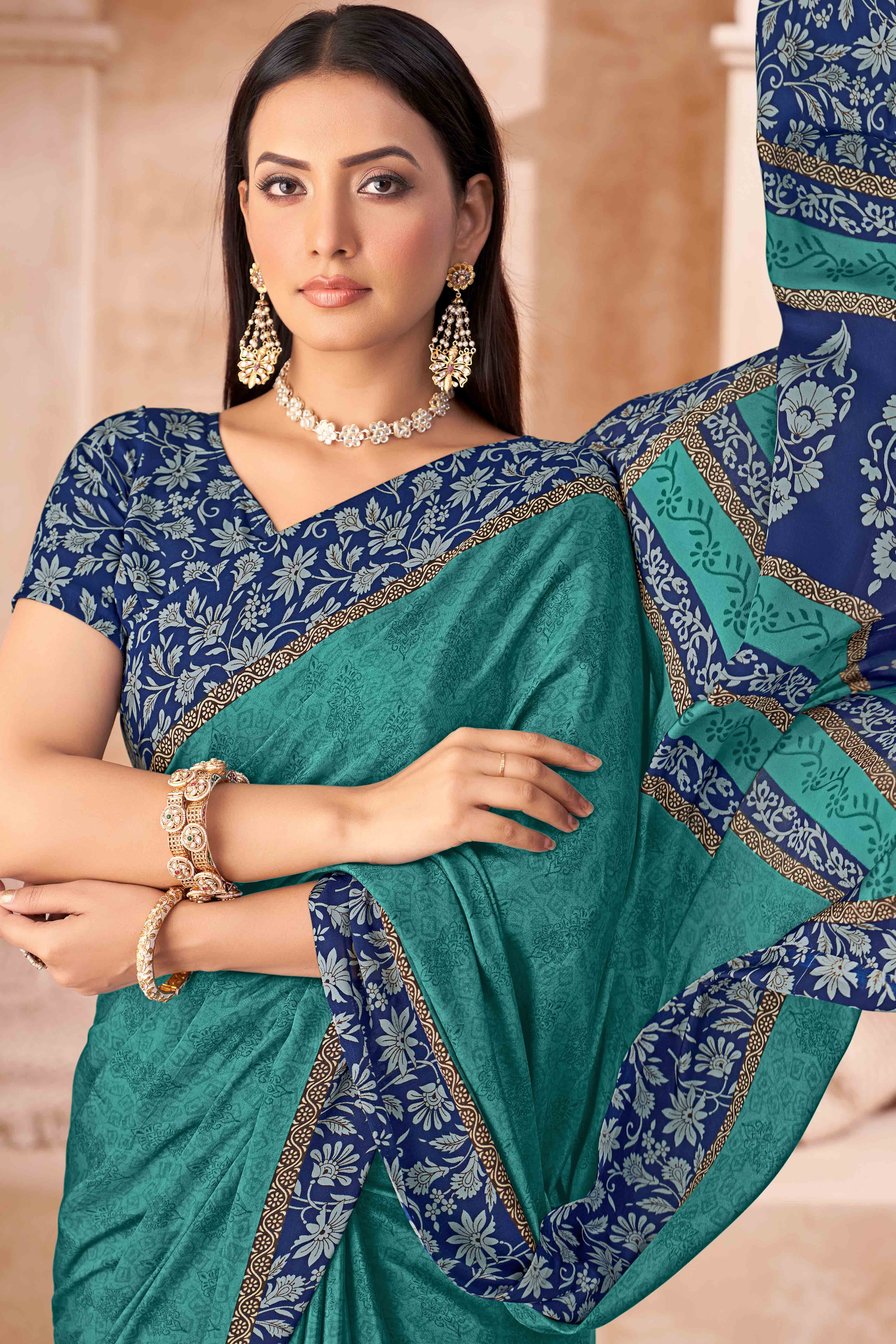 Teal Crepe Silk Saree With Timeless Floral Print Detailing