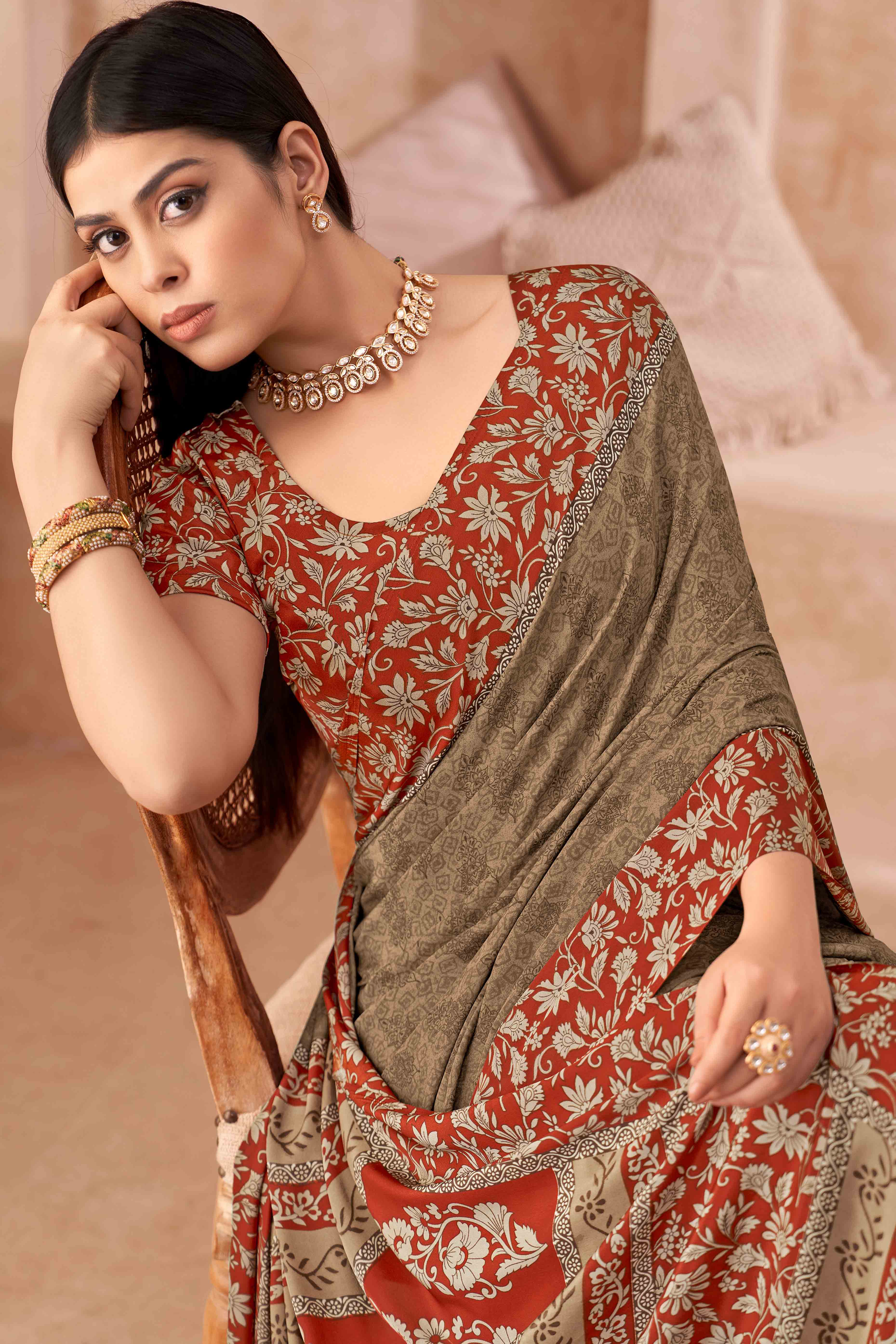Brown Crepe Silk Saree With Timeless Floral Print Detailing