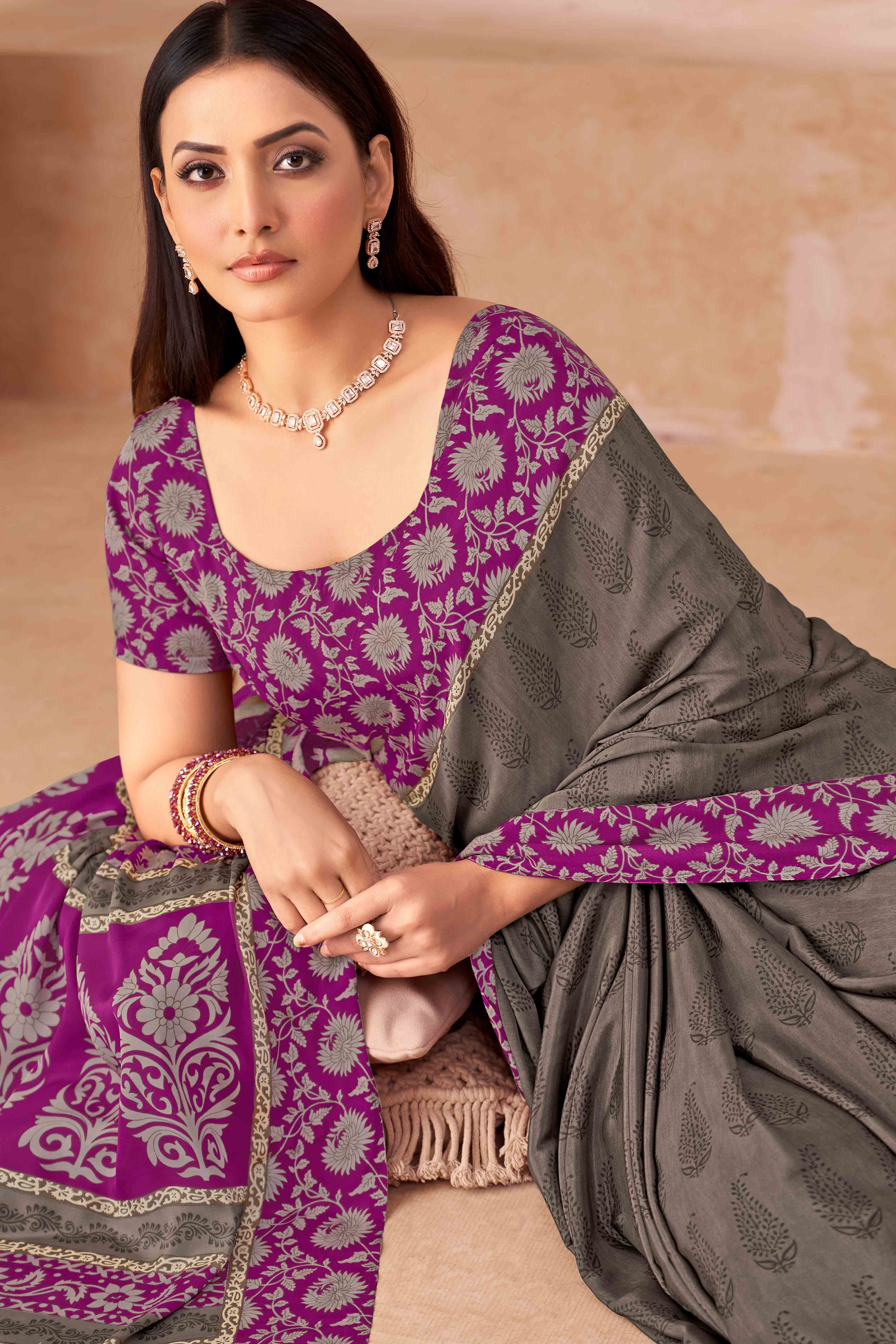 Taupe Crepe Silk Saree With Timeless Floral Print Detailing