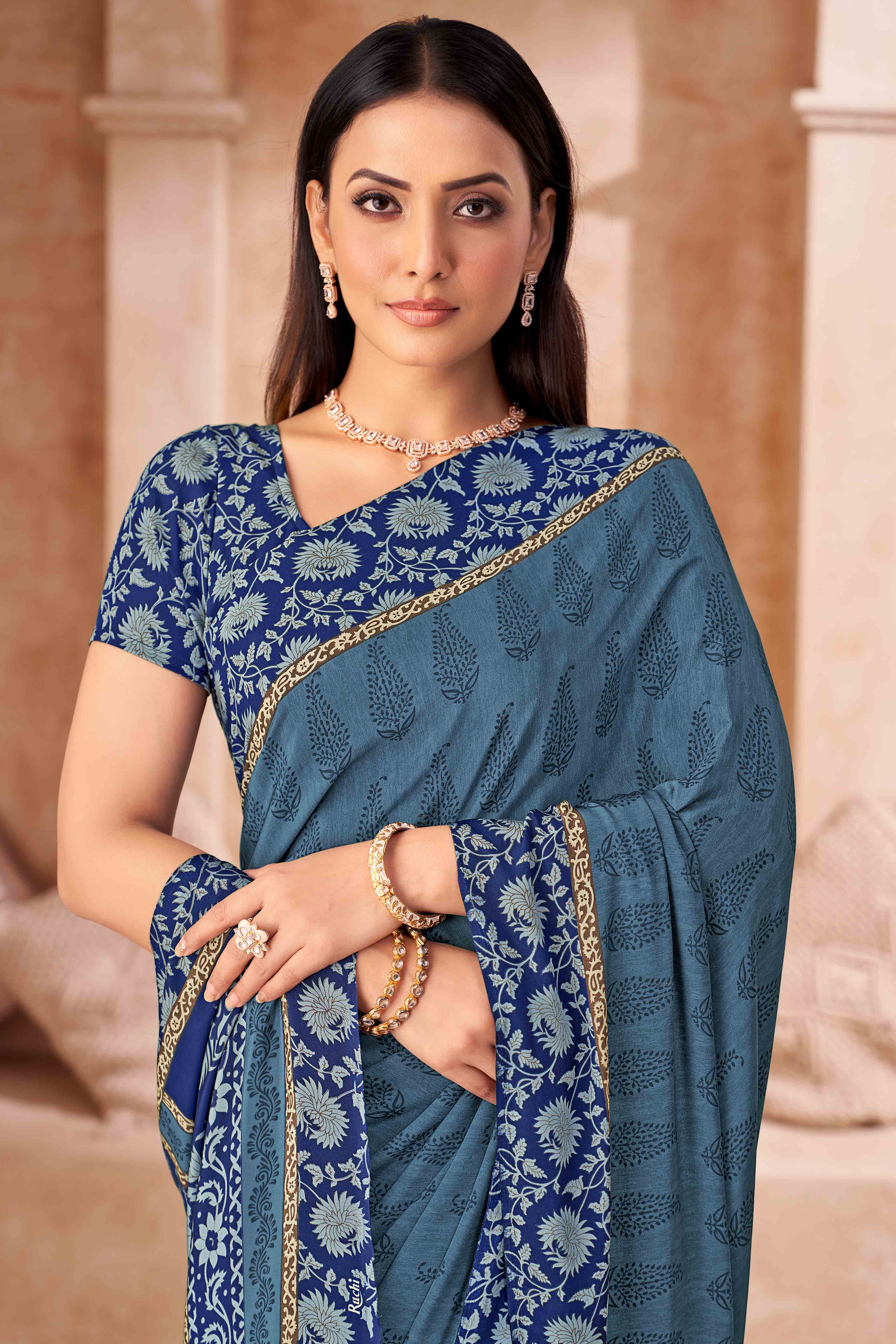 Bluish Grey Crepe Silk Saree With Timeless Floral Print Detailing
