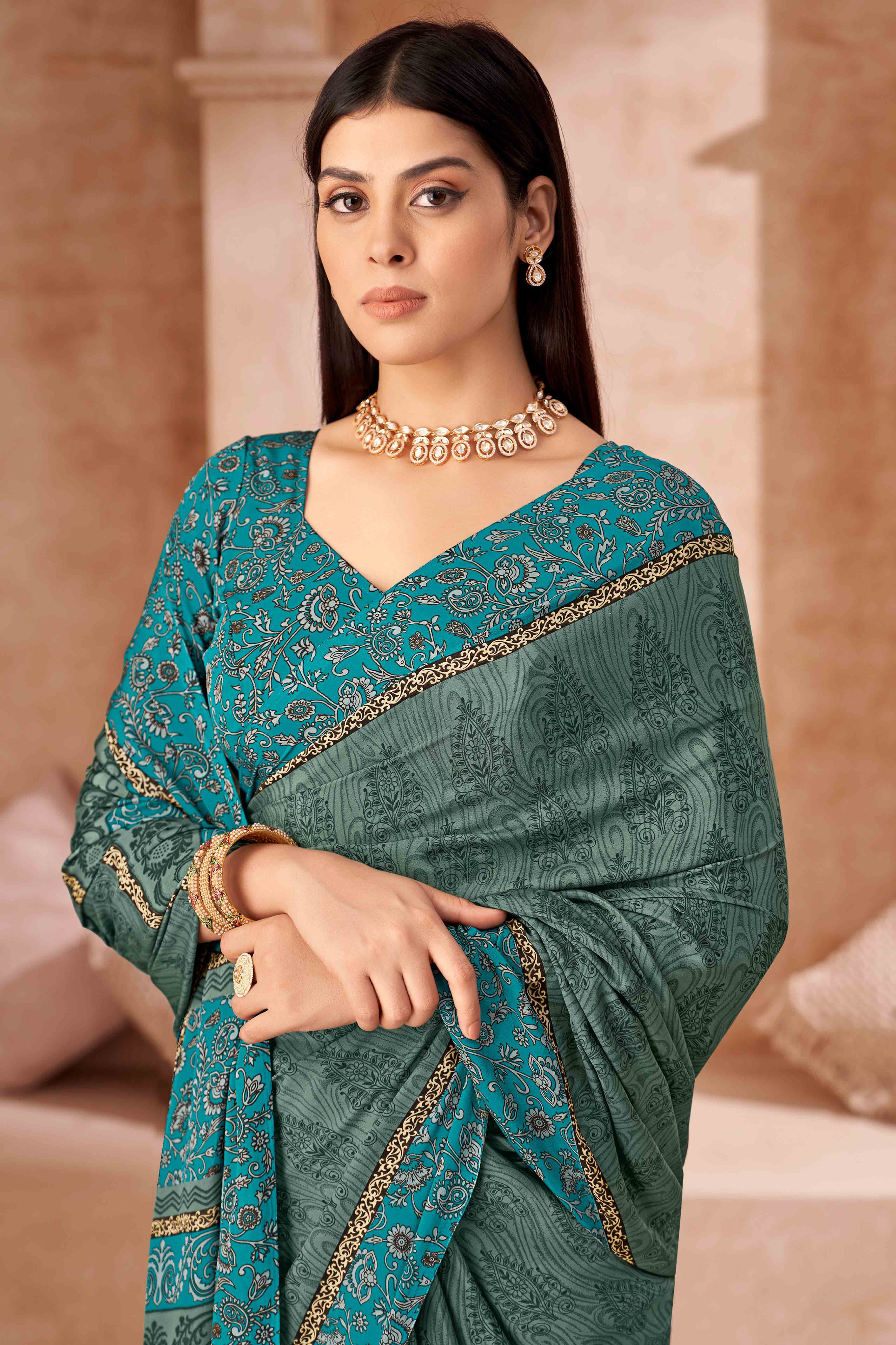 Sage Green & Teal Crepe Silk Saree With Timeless Floral Print Detailing