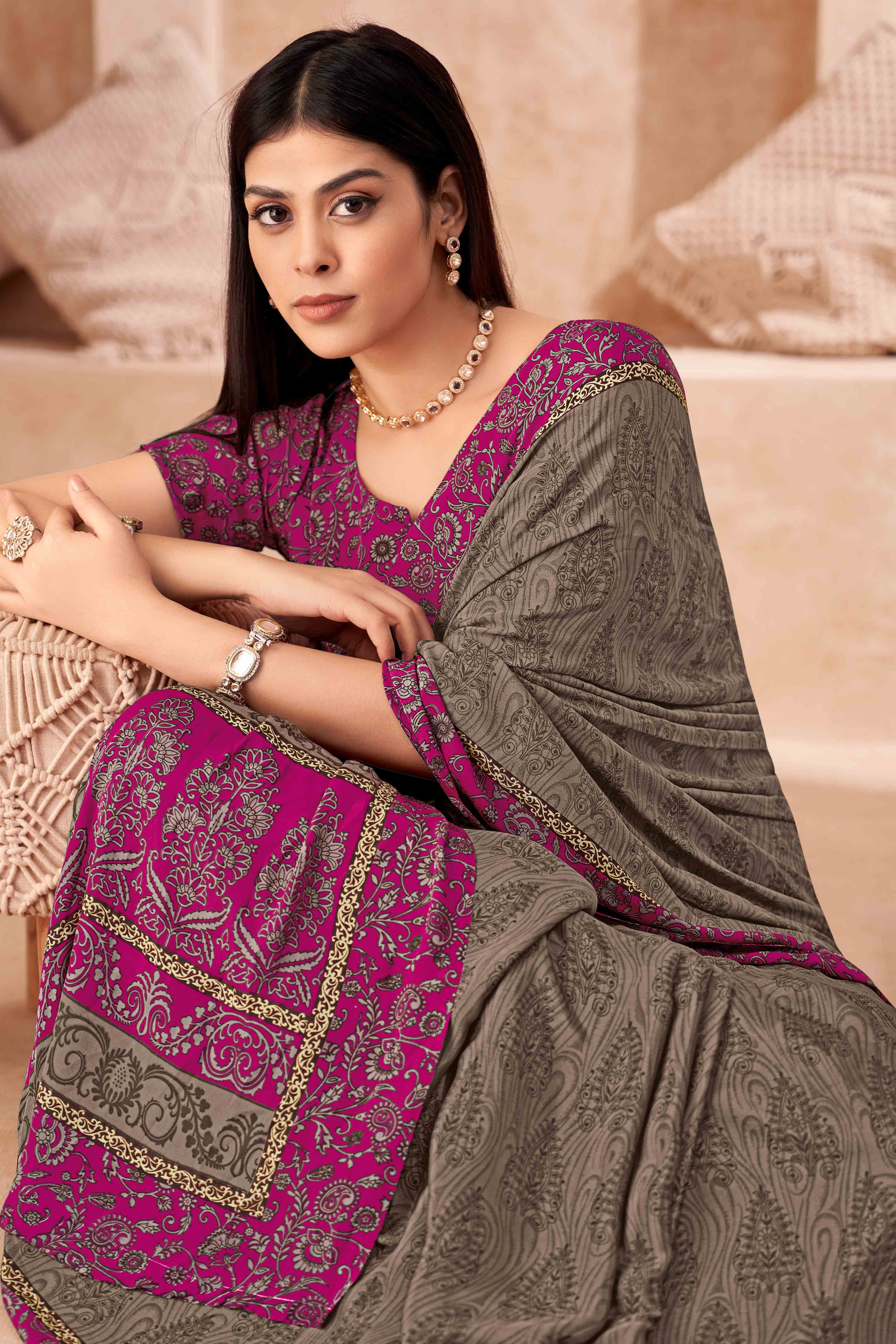 Taupe Crepe Silk Saree With Timeless Floral Print Detailing