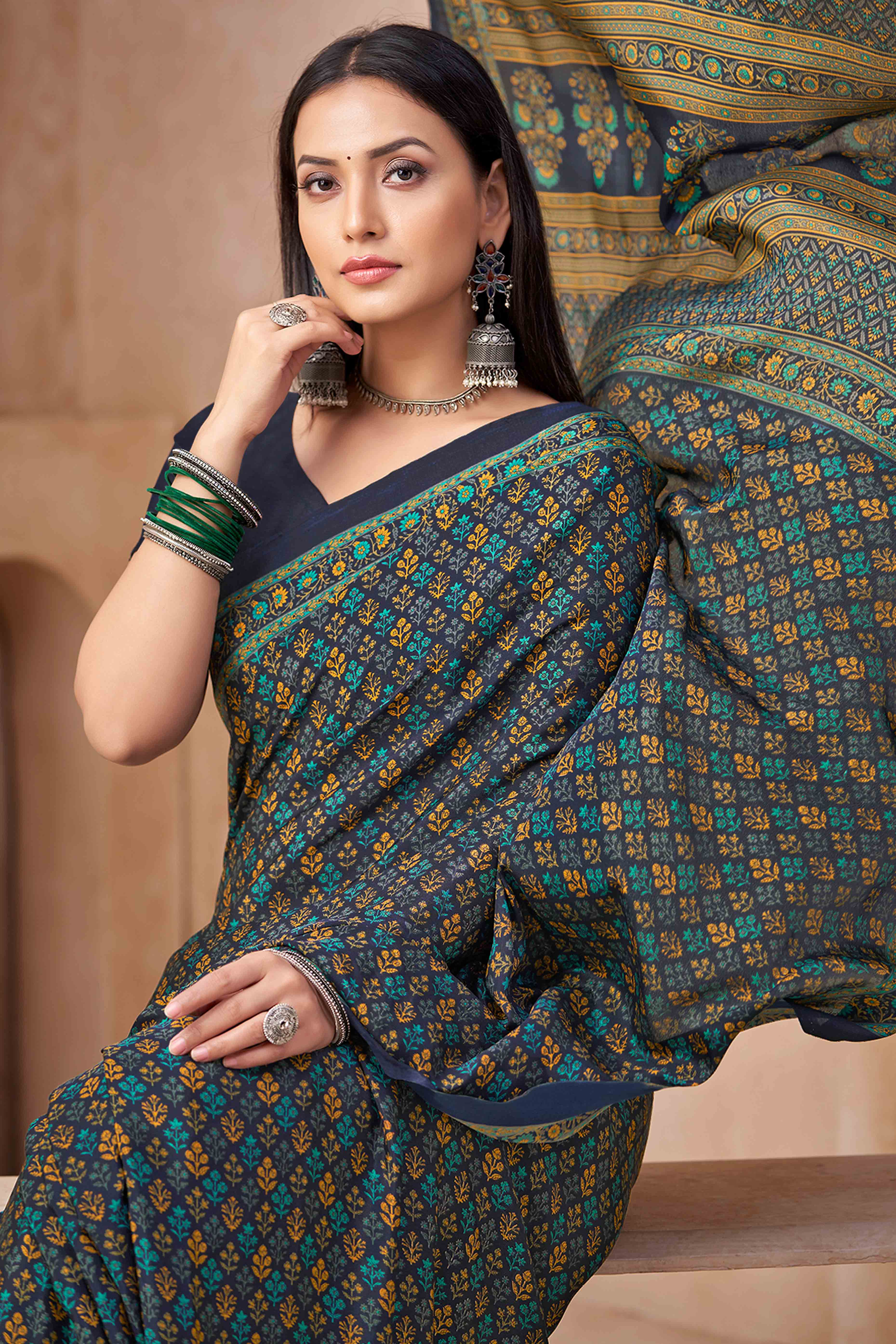 Navy Blue Crepe Silk Saree Featuring Delicate Floral Print Work