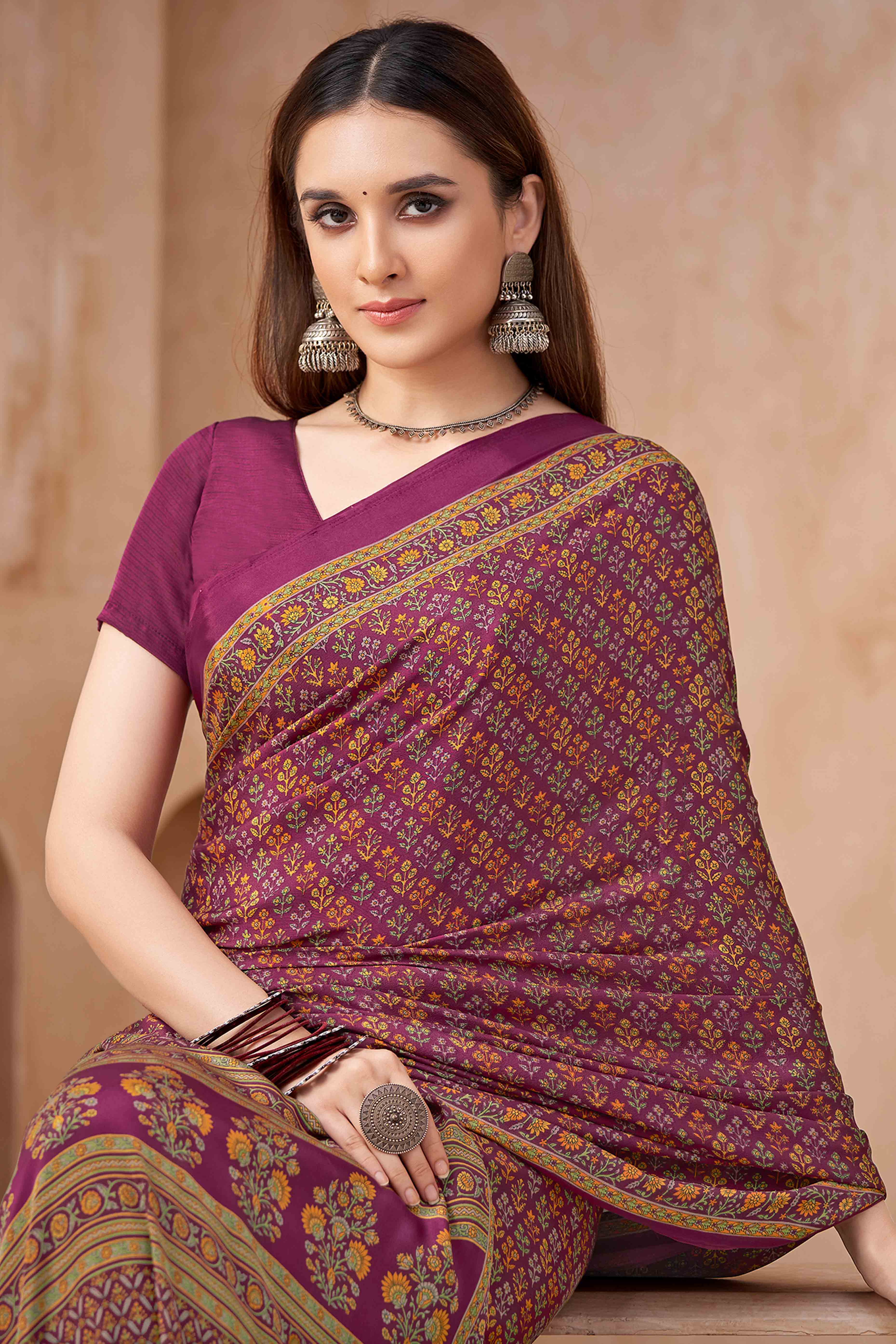 Wine Crepe Silk Saree Featuring Delicate Floral Print Work
