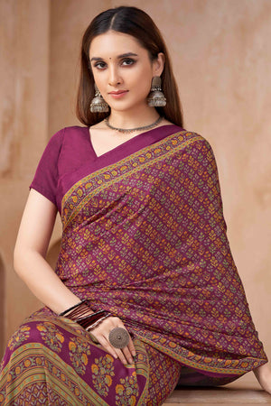 Wine Crepe Silk Saree Featuring Delicate Floral Print Work