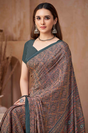 Grey Crepe Silk Saree Featuring Delicate Floral Print Work