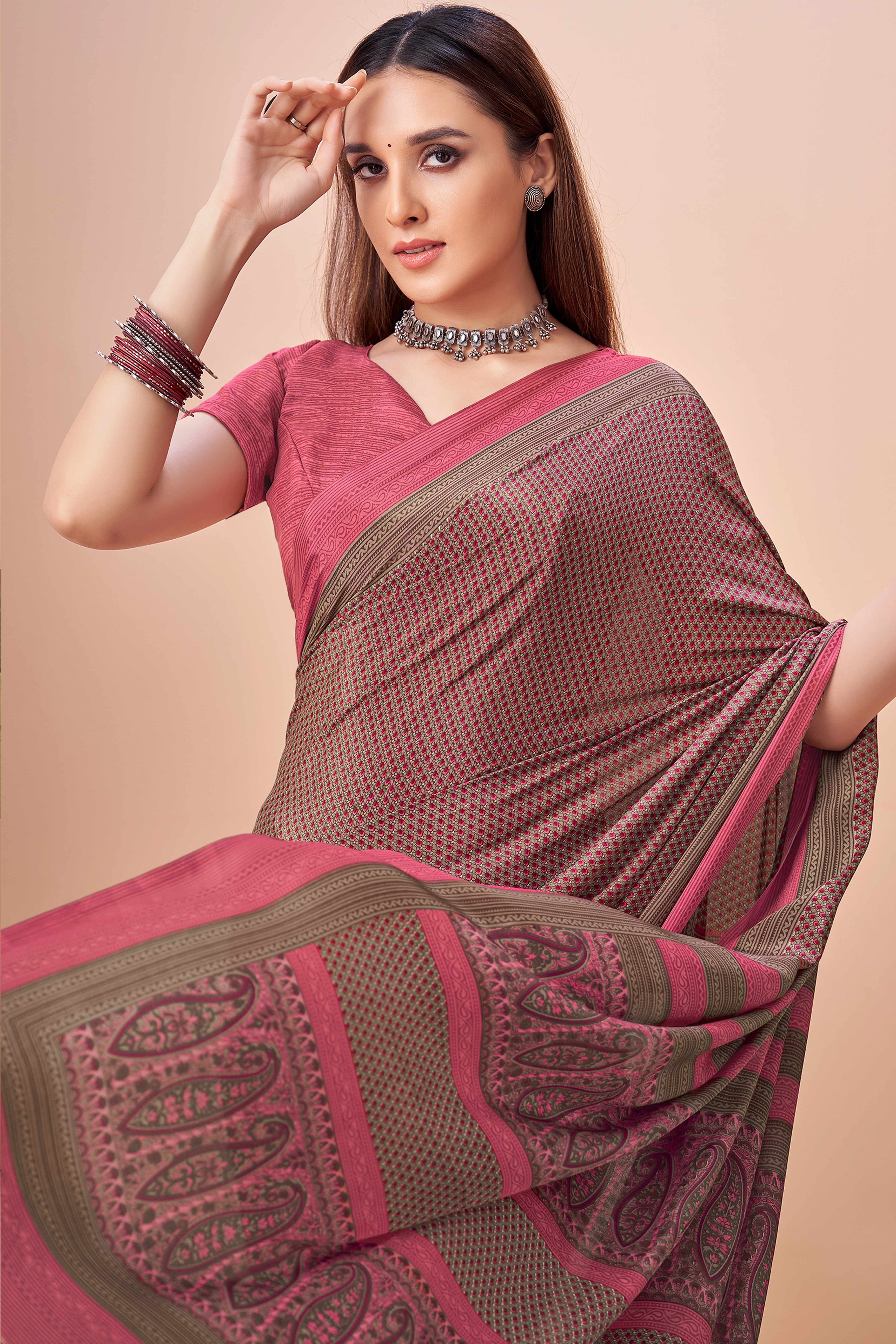 Pink Crepe Silk Saree Adorned With Artistic Floral Digital Print Work