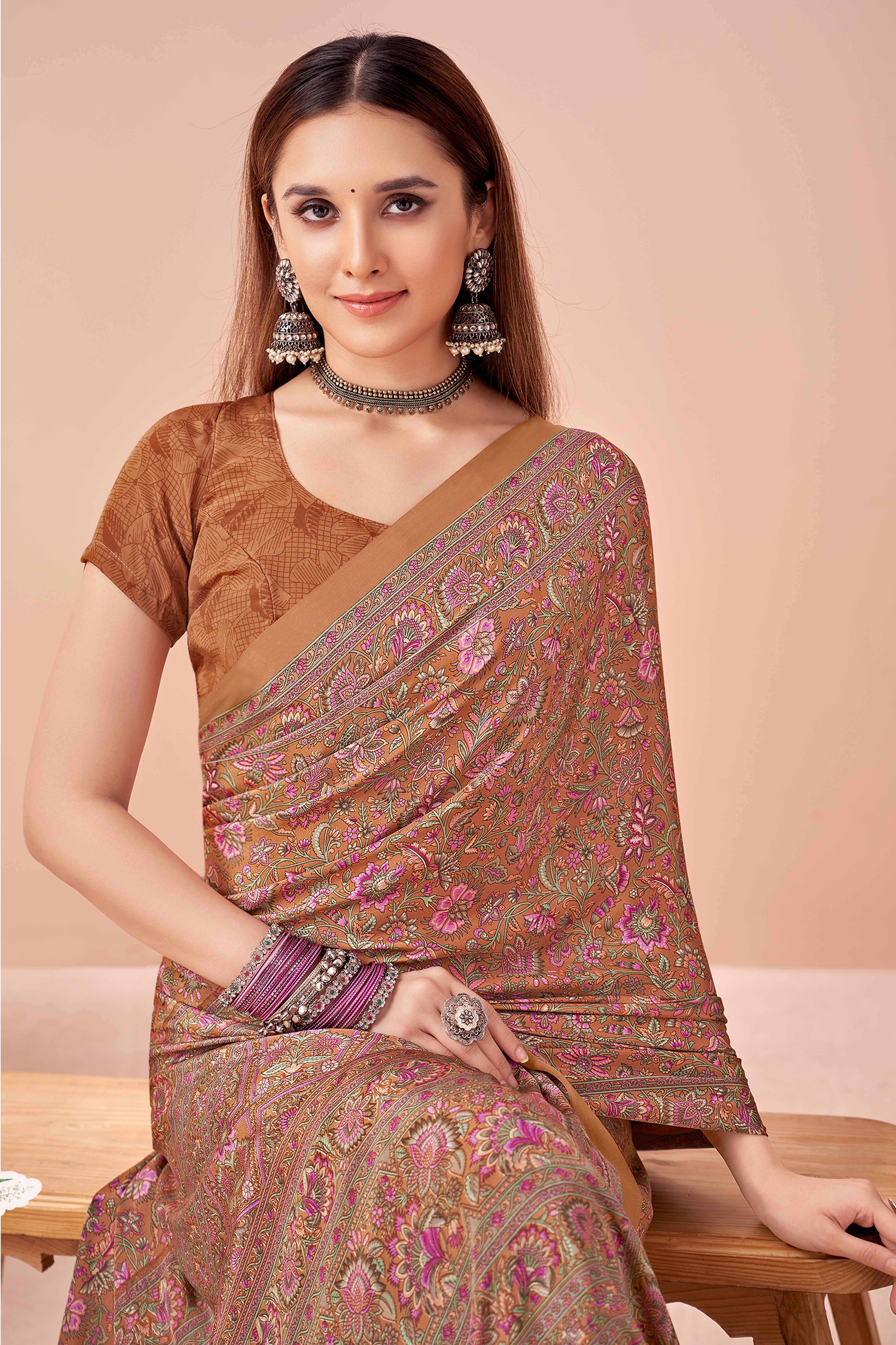 Brown Crepe Silk Saree Adorned With Artistic Floral Digital Print Work
