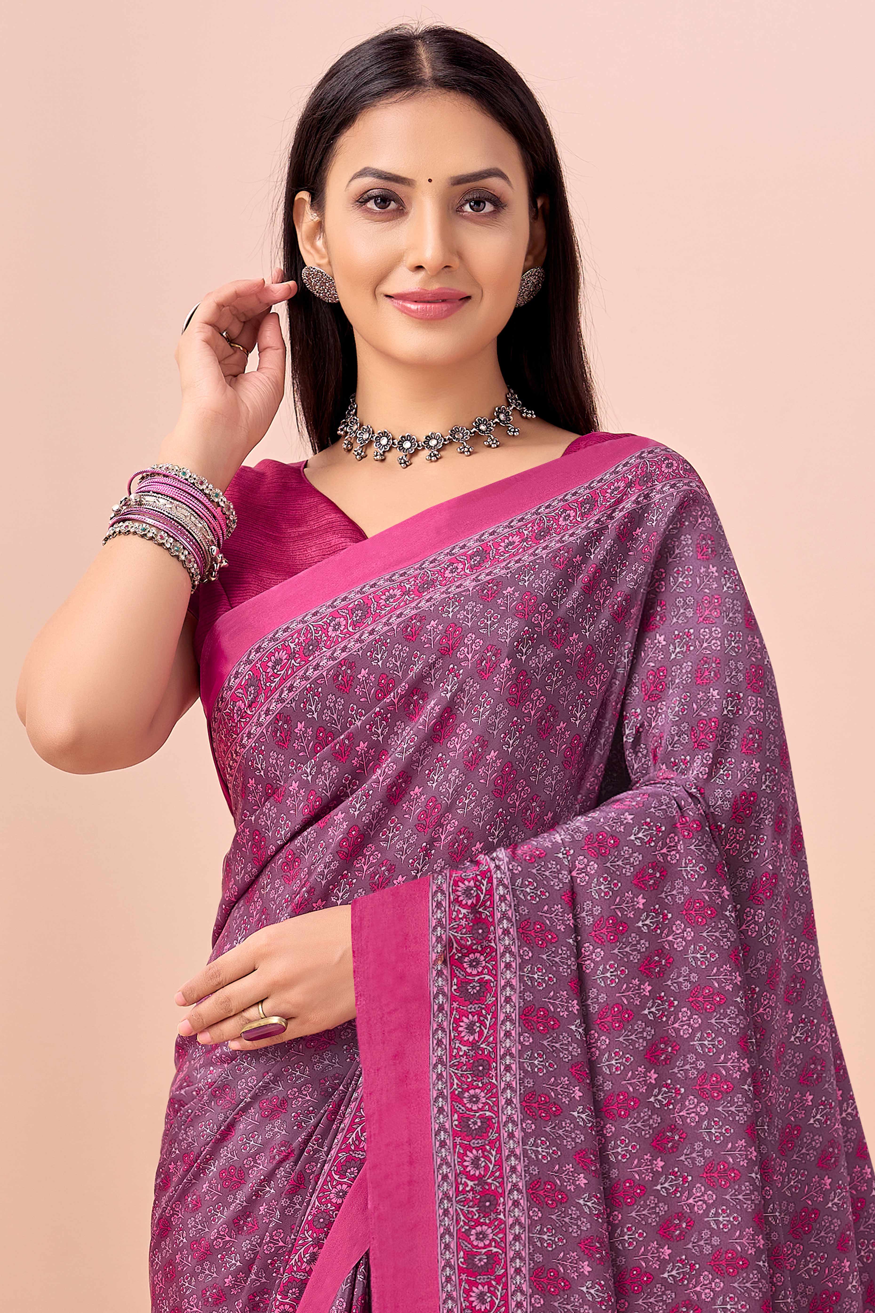 Magenta Crepe Silk Saree Adorned With Artistic Floral Digital Print Work