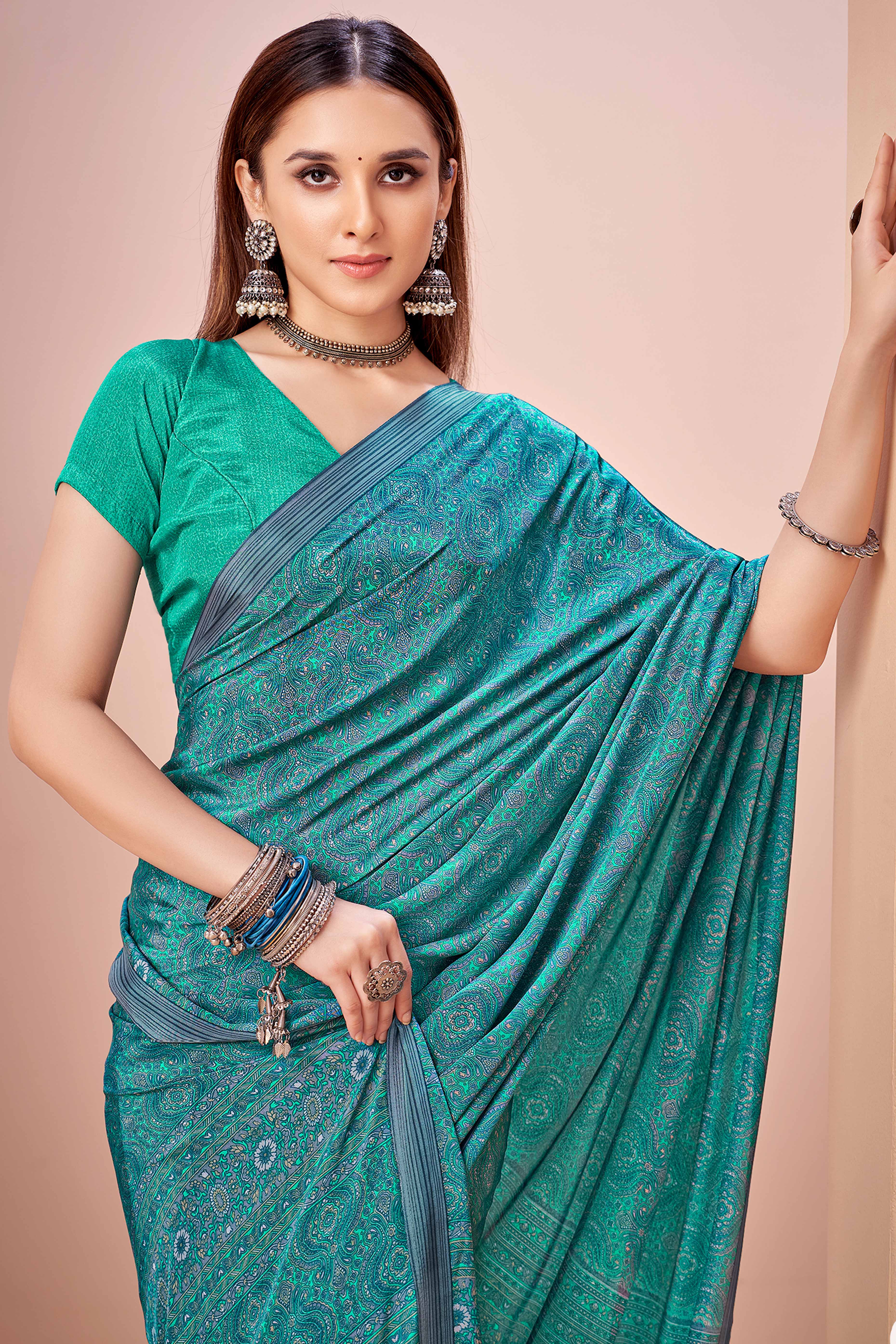 Turquoise Crepe Silk Saree Adorned With Artistic Floral Digital Print Work
