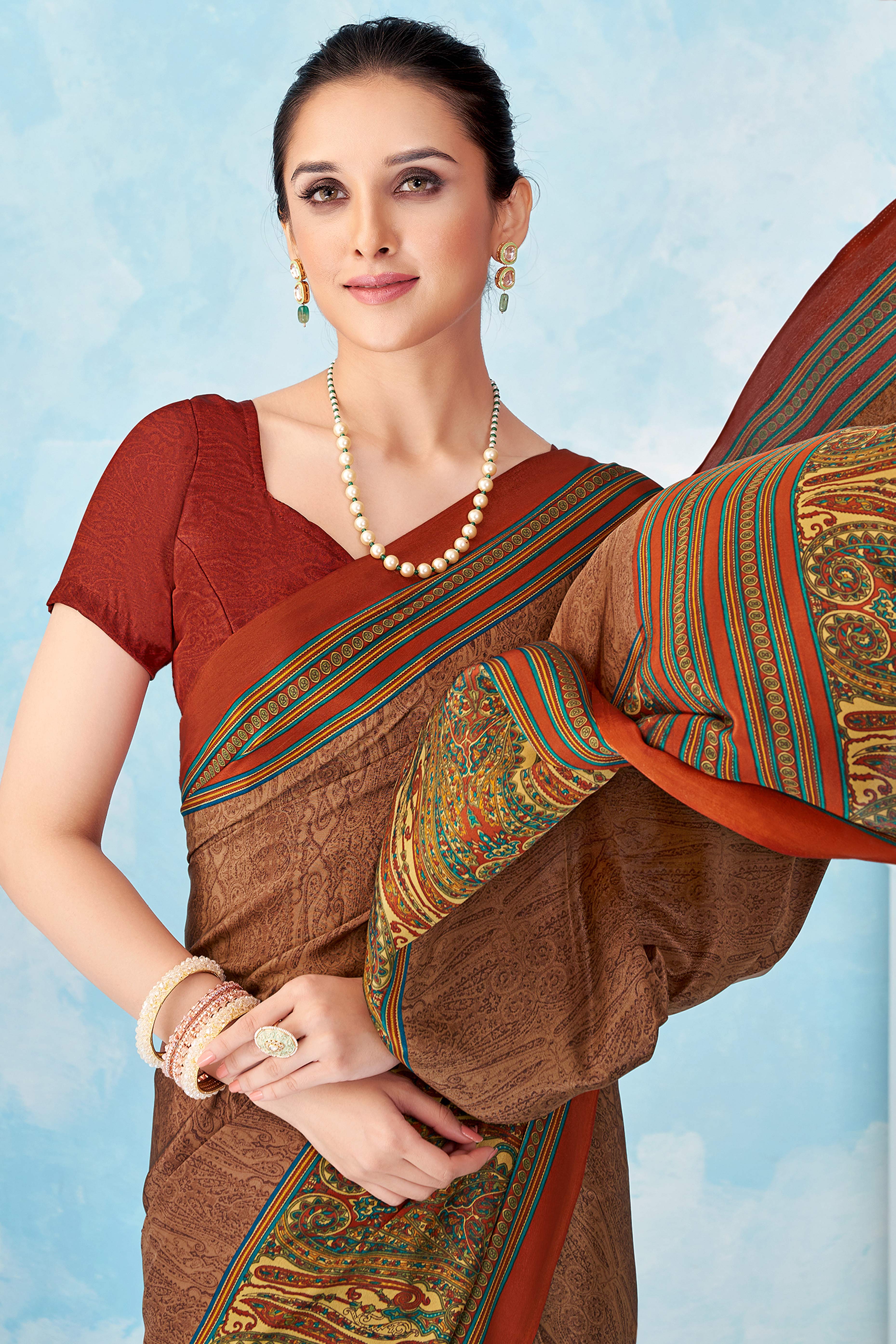 Lightweight Brown Paisley Printed Saree in Luxurious Silk Crepe
