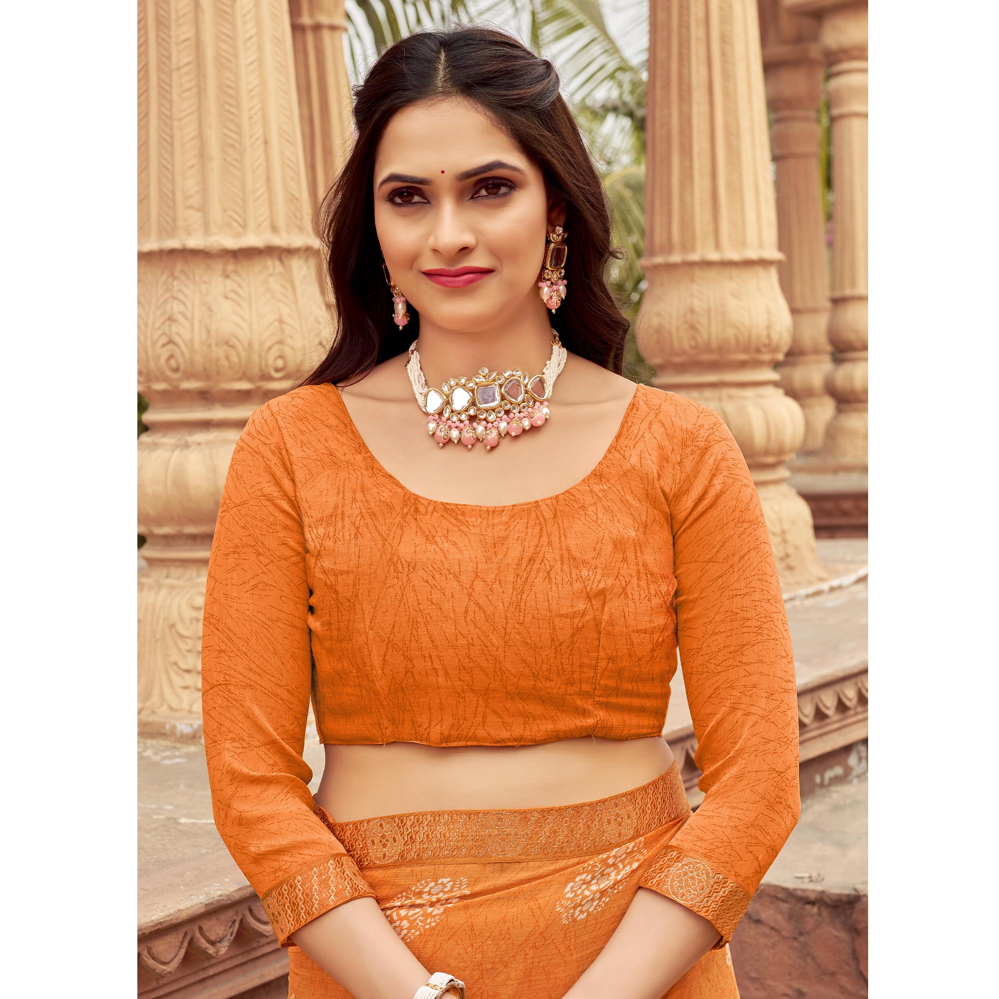 Orange Floral Printed Chiffon Saree