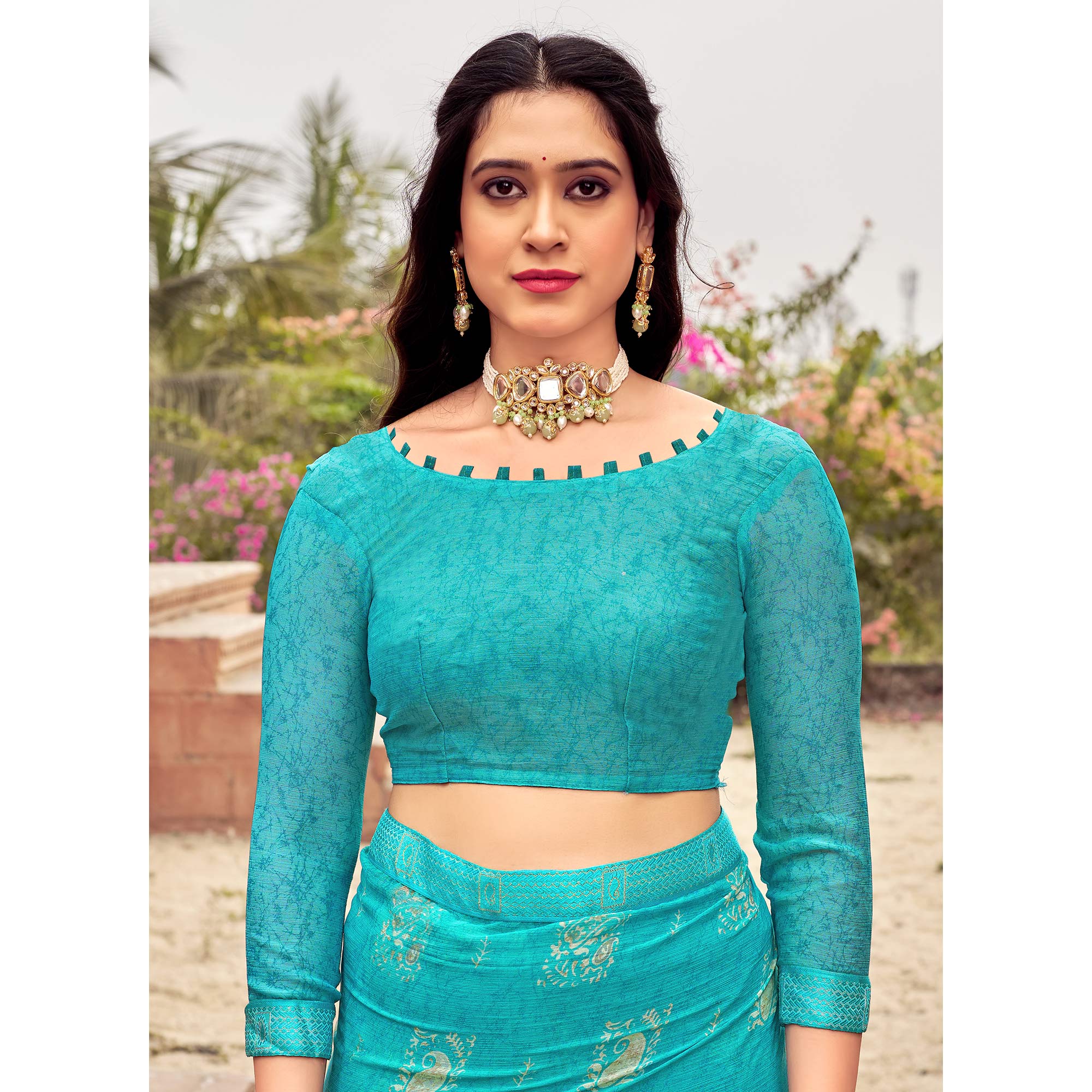 Sky Blue Floral Printed Chiffon Saree