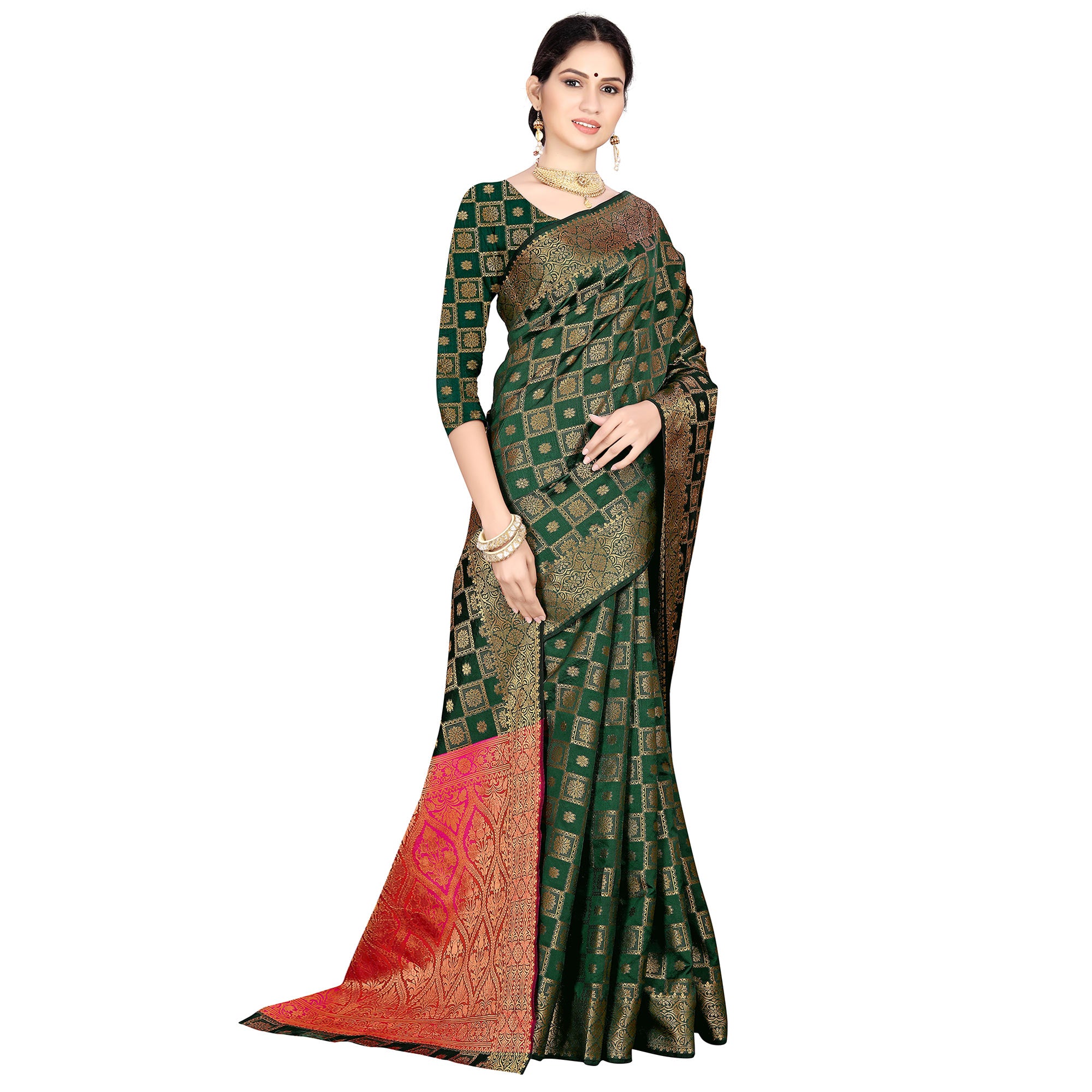 Green Floral Woven Jacquard Saree