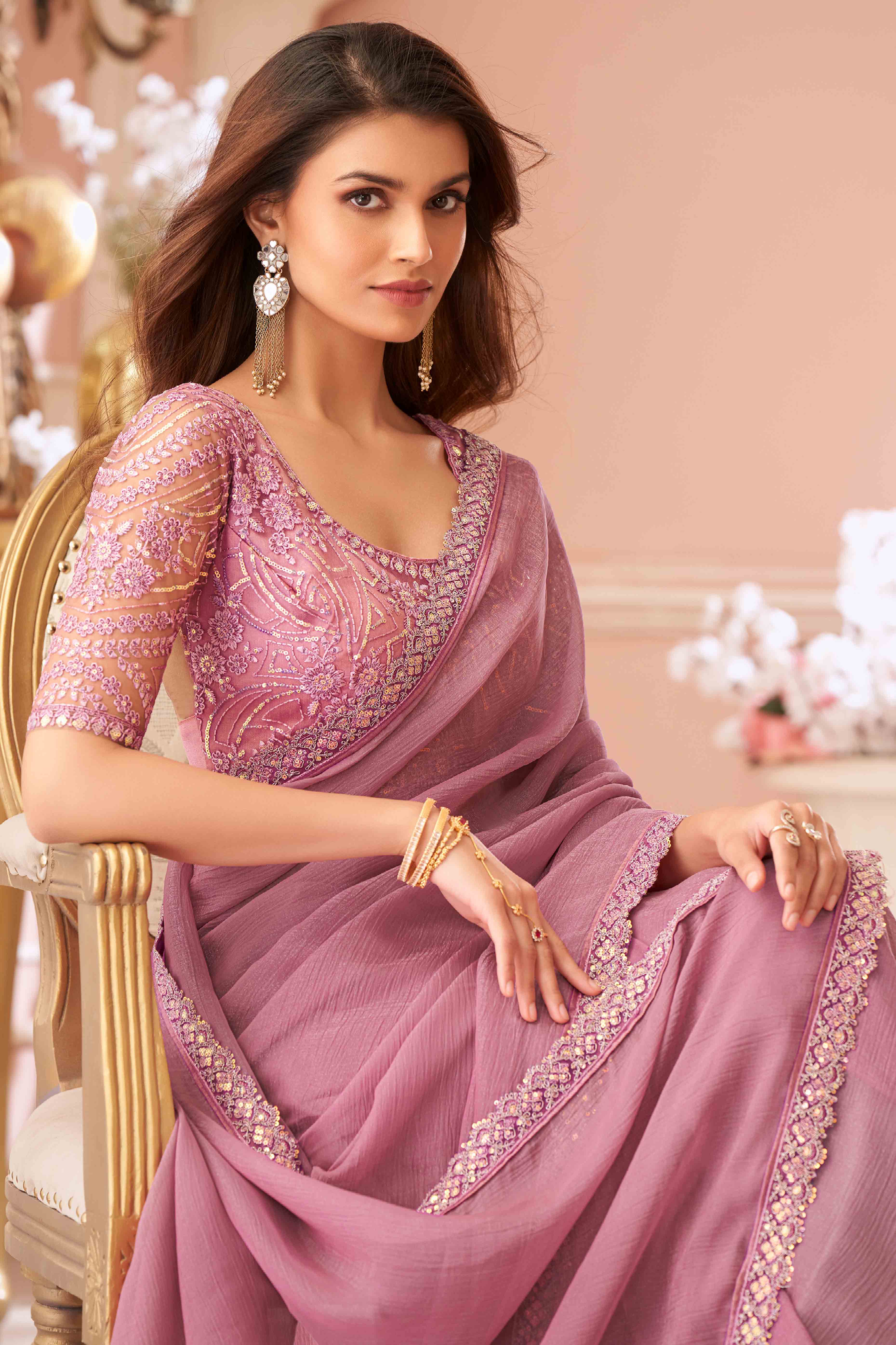 Dusty Pink Sequins Embroidered Georgette Saree