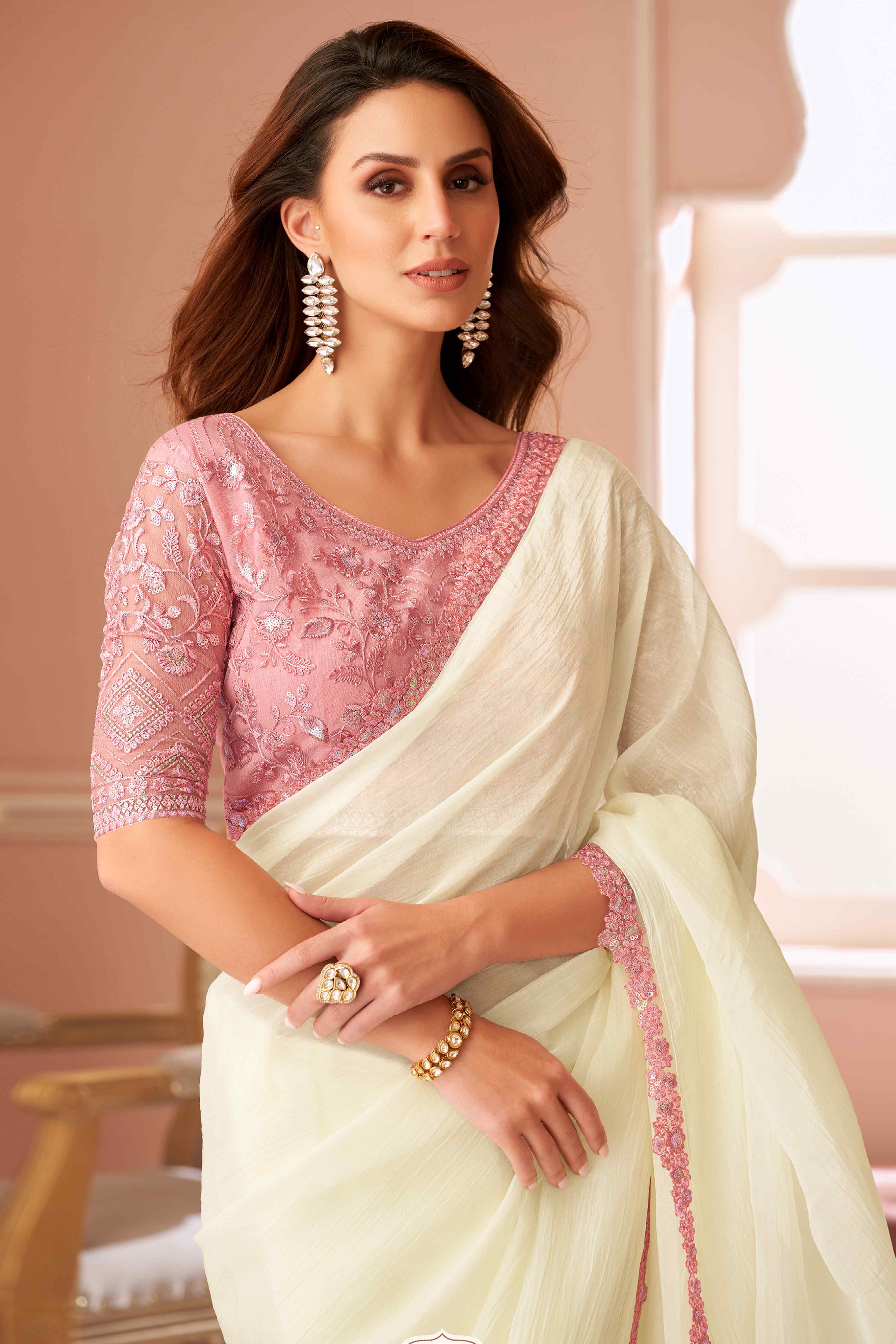 Off White Sequins Embroidered Georgette Saree