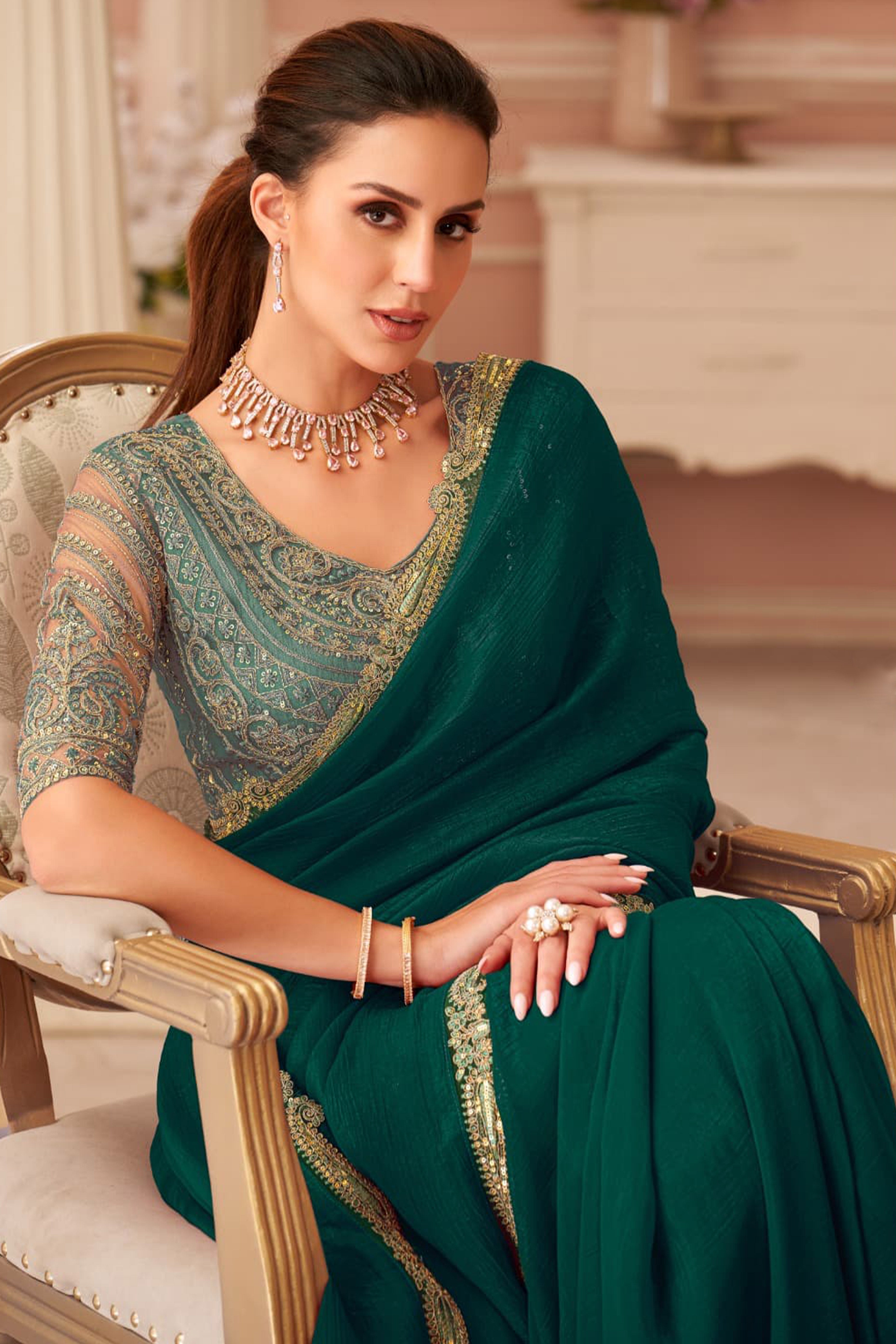 Graceful Green Georgette Saree with Intricate Sequin Embroidery Detailing