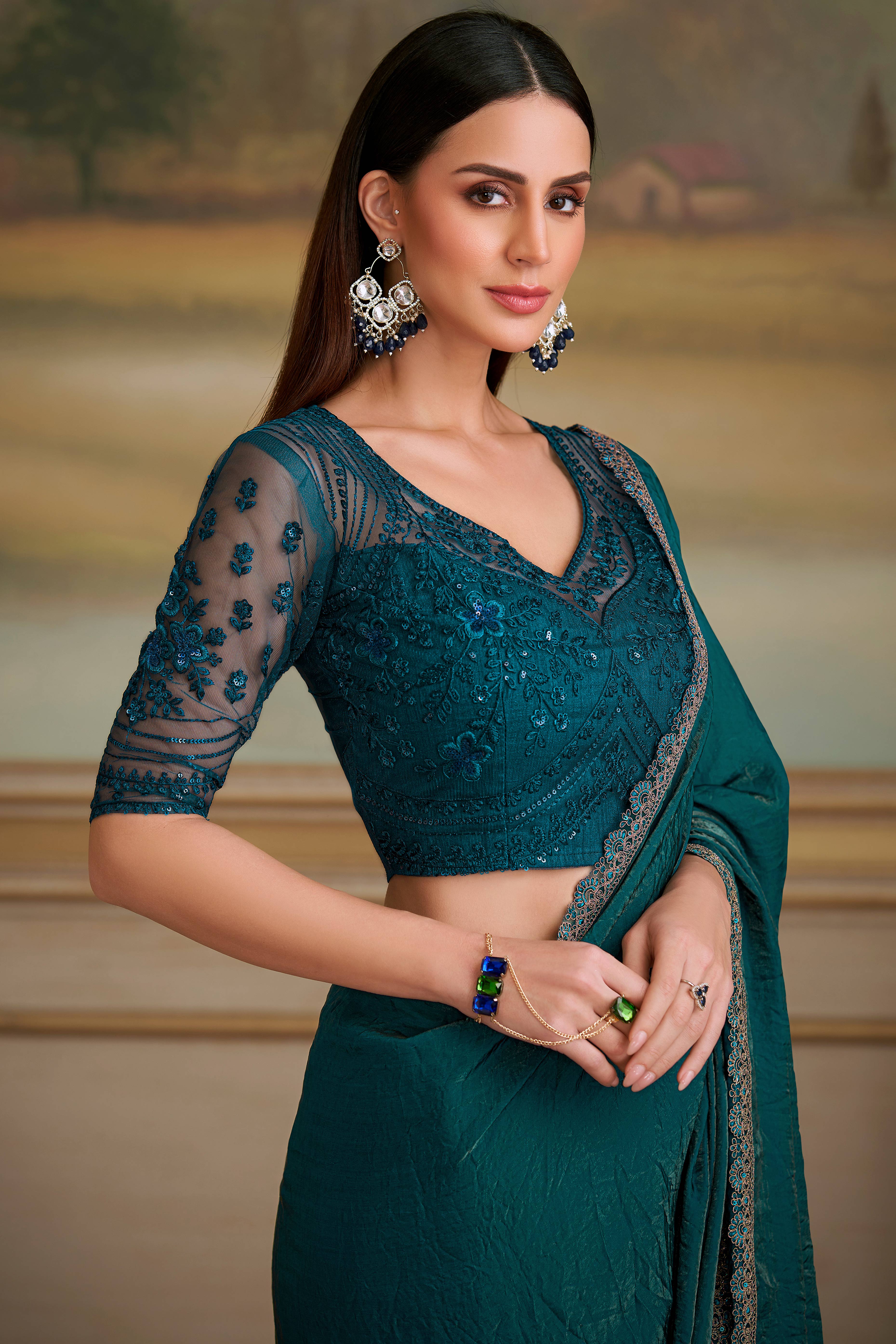 Dark Teal Twilight Georgette Saree Embellished With Floral Sequins Embroidered & Lace Border