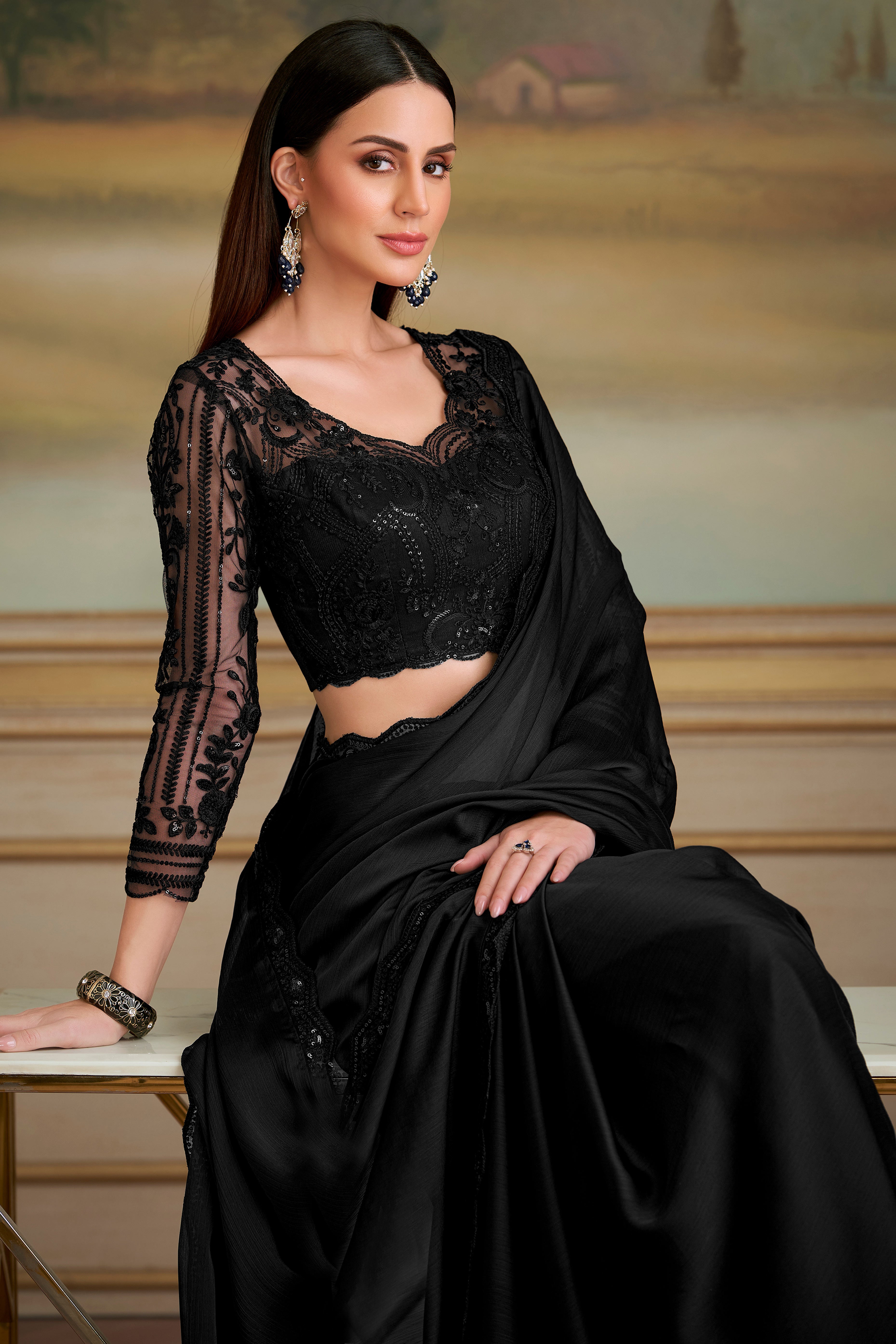 Opulent Jet Black Solid Satin Chiffon Saree With Exquisite Floral Sequins Embroidered Lace Border