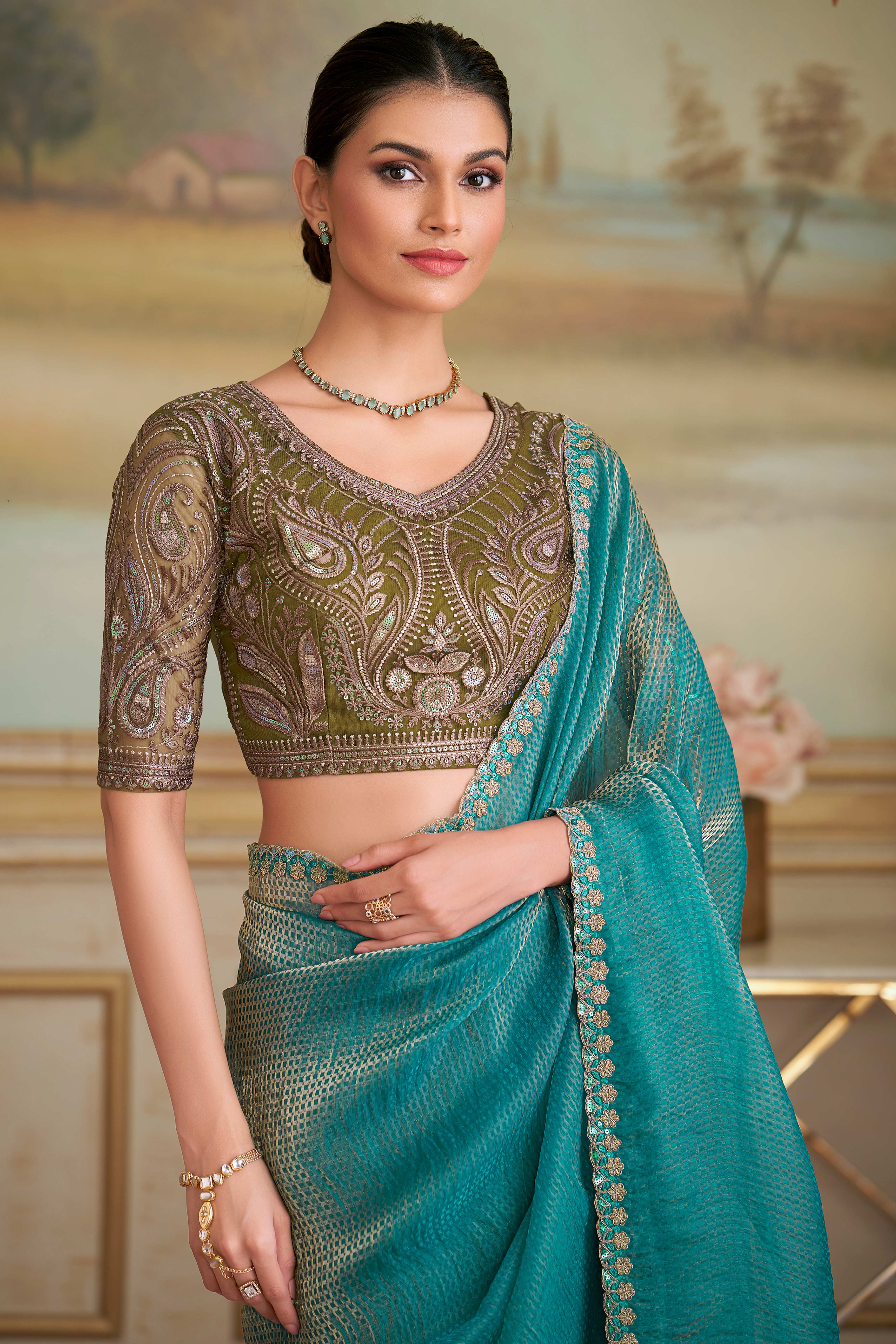 Charming Golden Blue Checked Georgette Saree Embellished With Floral Sequins Embroidered Lace Border