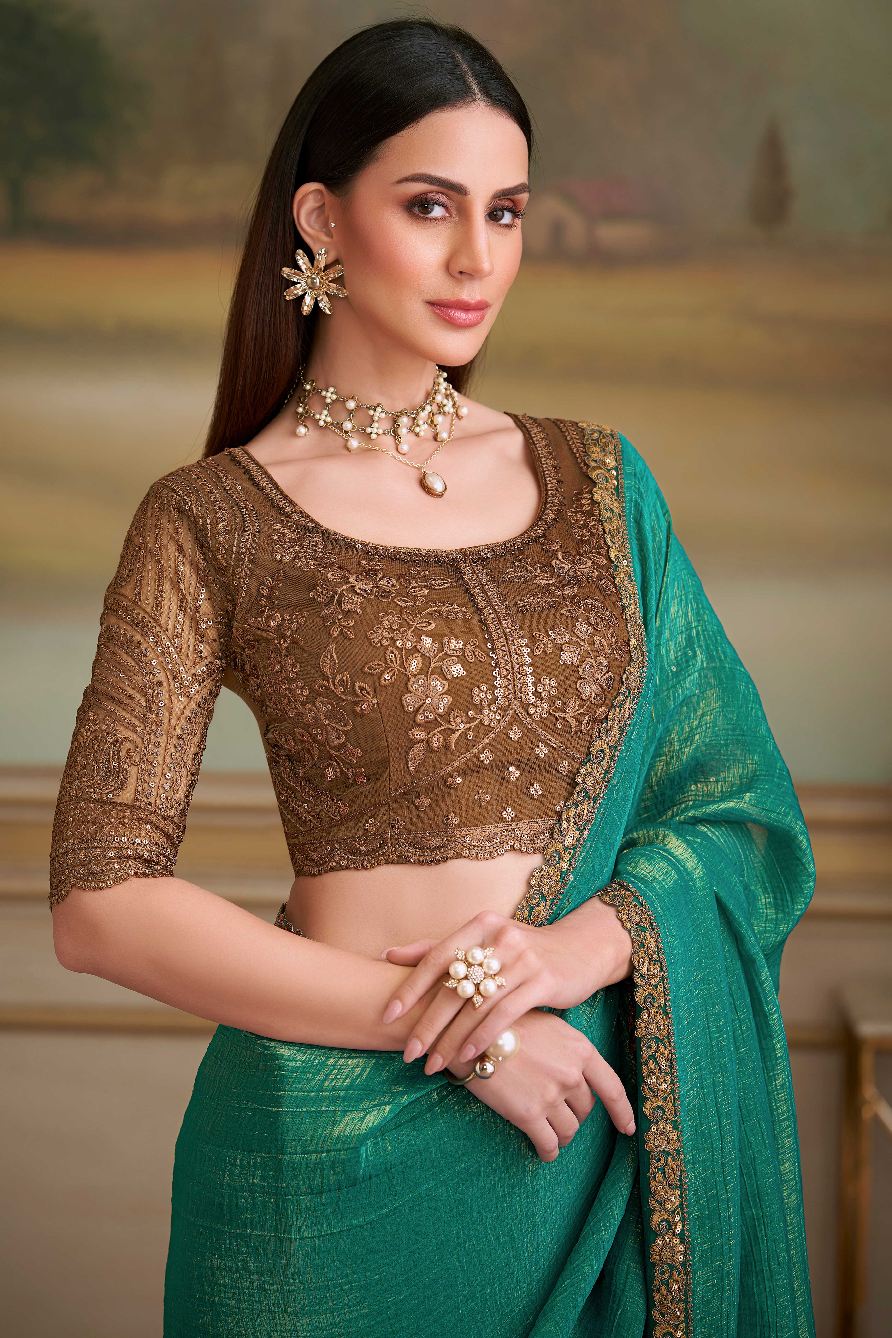 Stylish Light Sea Green Georgette Saree Featuring Floral Sequins Embroidered Designer Lace Border