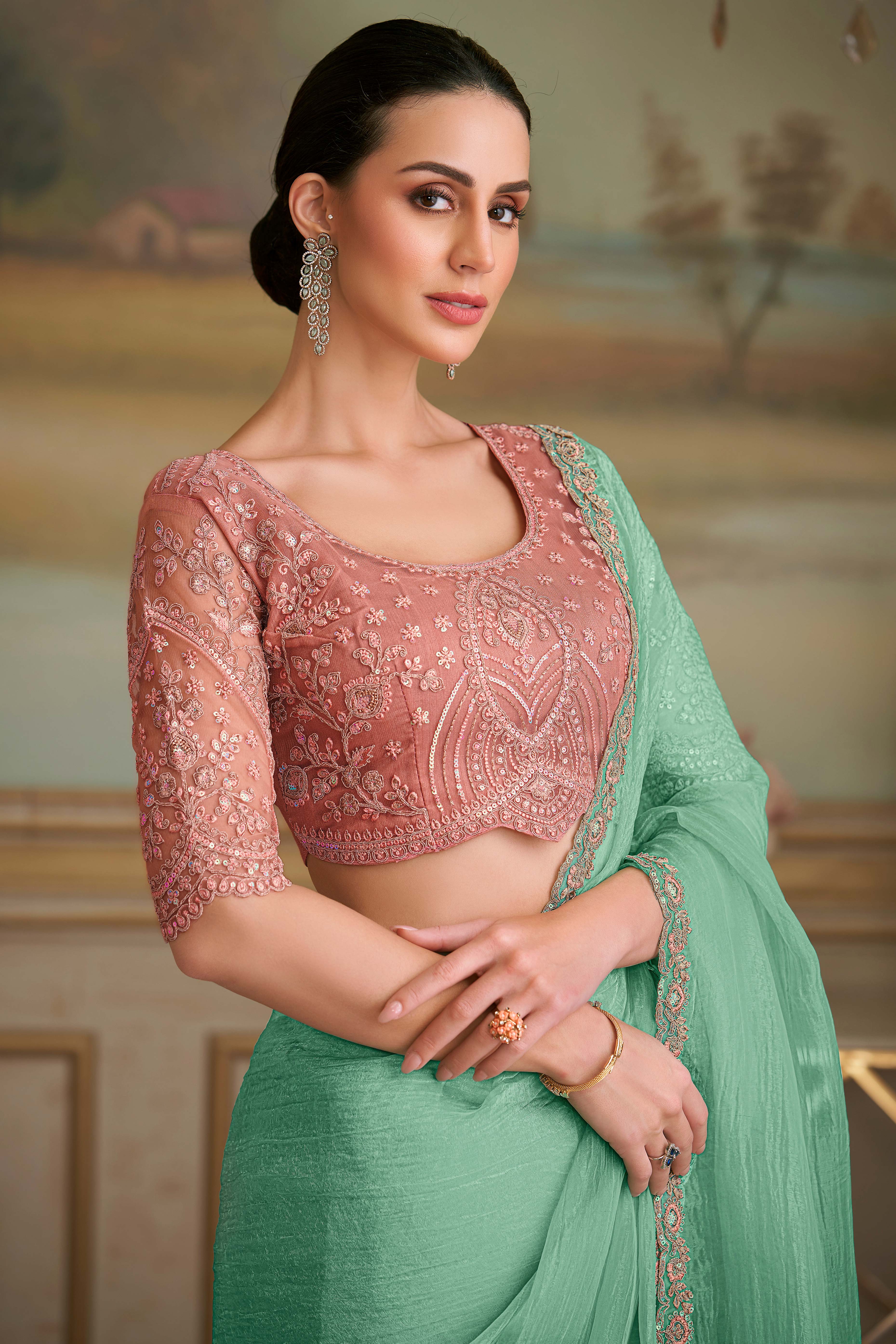 Stylish Sea Green Tissue Crush Georgette Saree Featuring Floral Sequins Embroidered Lace Border