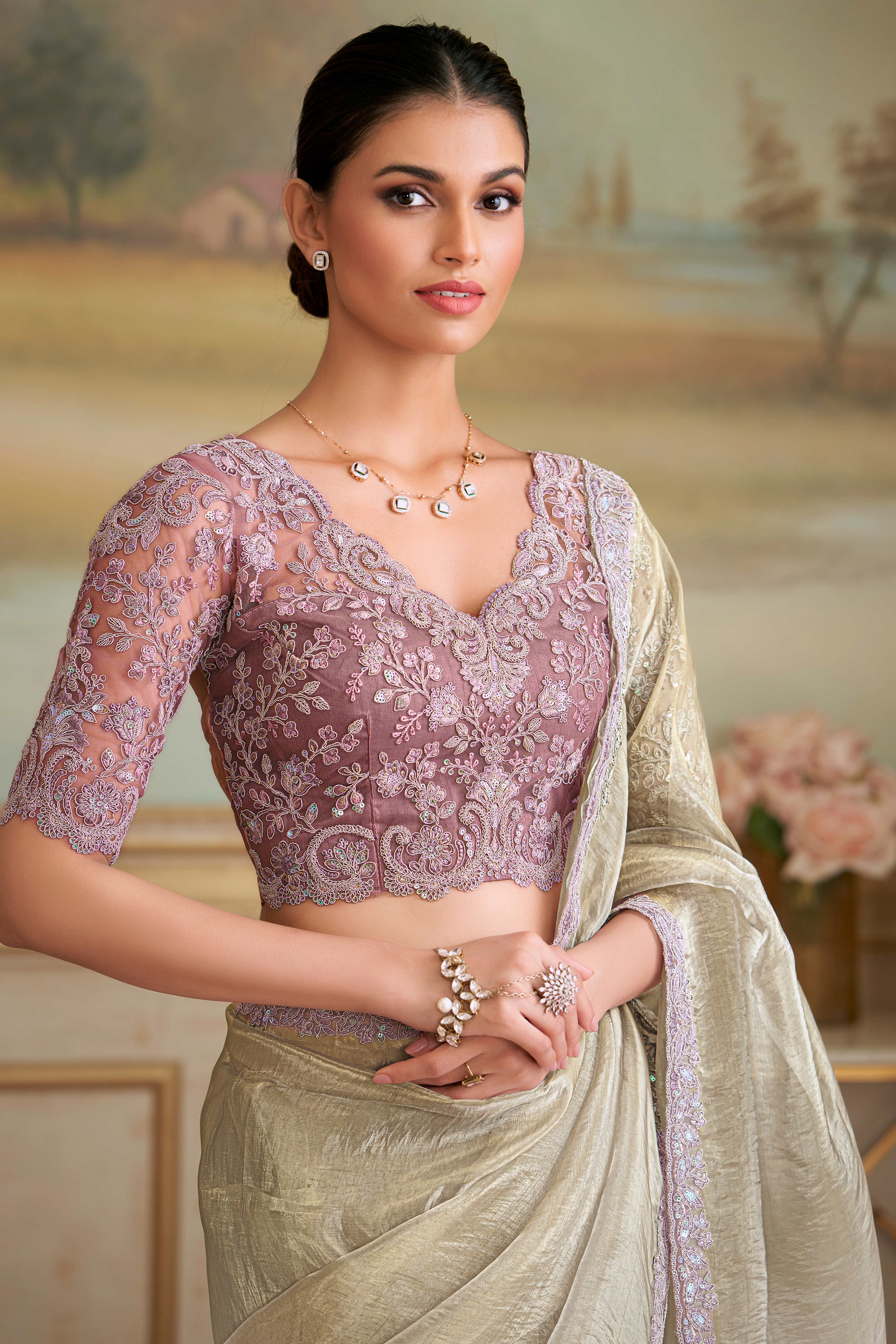 Elegant Beige Tissue Silk Saree Enhanced With Floral Sequins Embroidered Lace Border