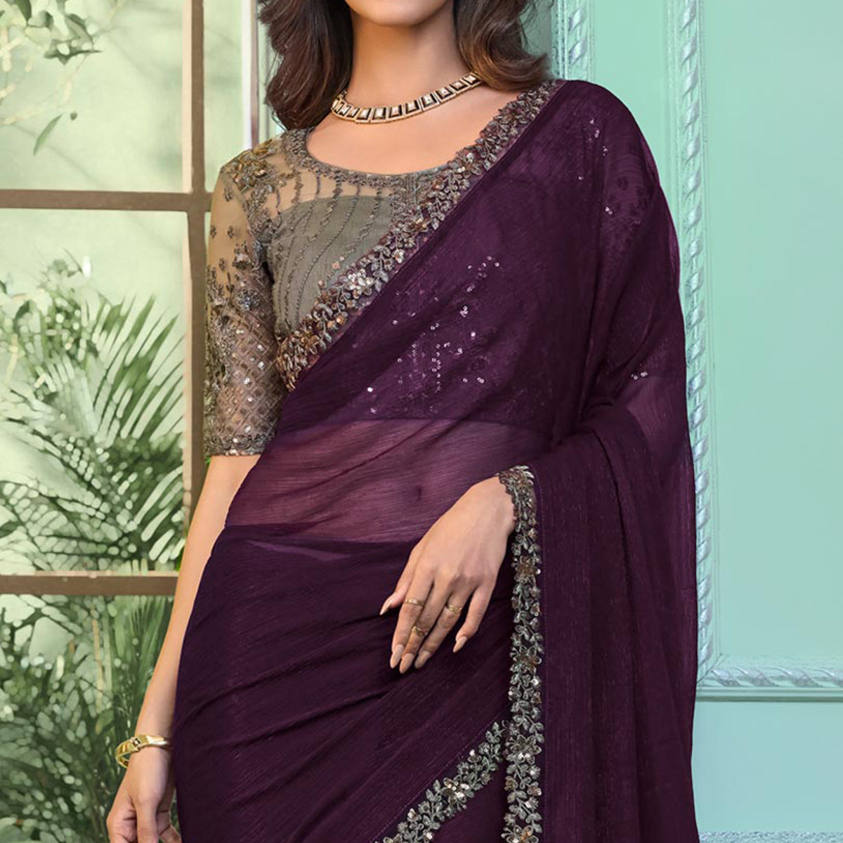 Wine Embroidered Chiffon Designer Saree