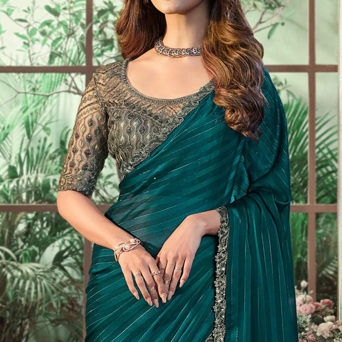 Teal Green Embroidered Georgette Designer Saree