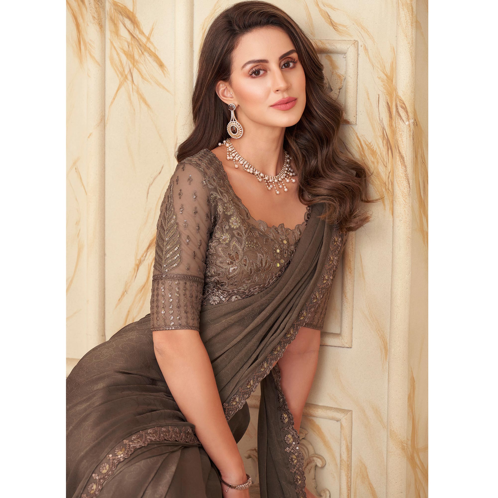 Brown Sequins Embroidered Satin Silk Saree