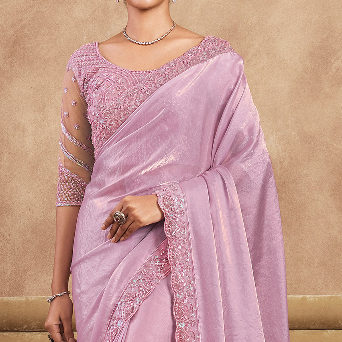 Light Pink Sequins Embroidered Satin Silk Saree