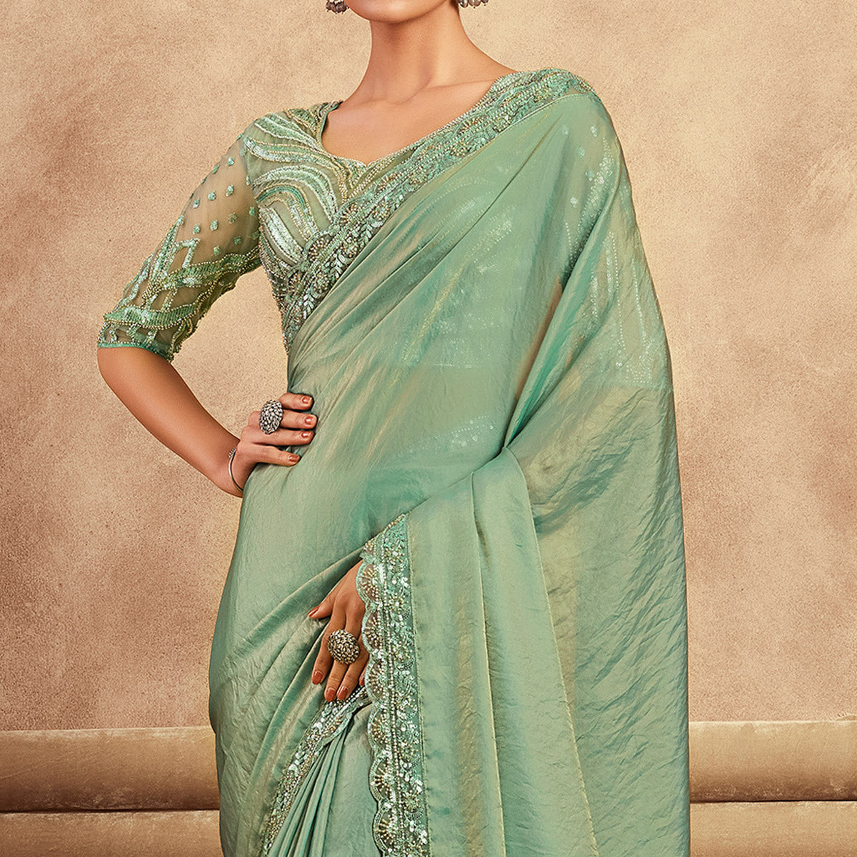 Sea Green Sequins Embroidered Satin Silk Saree