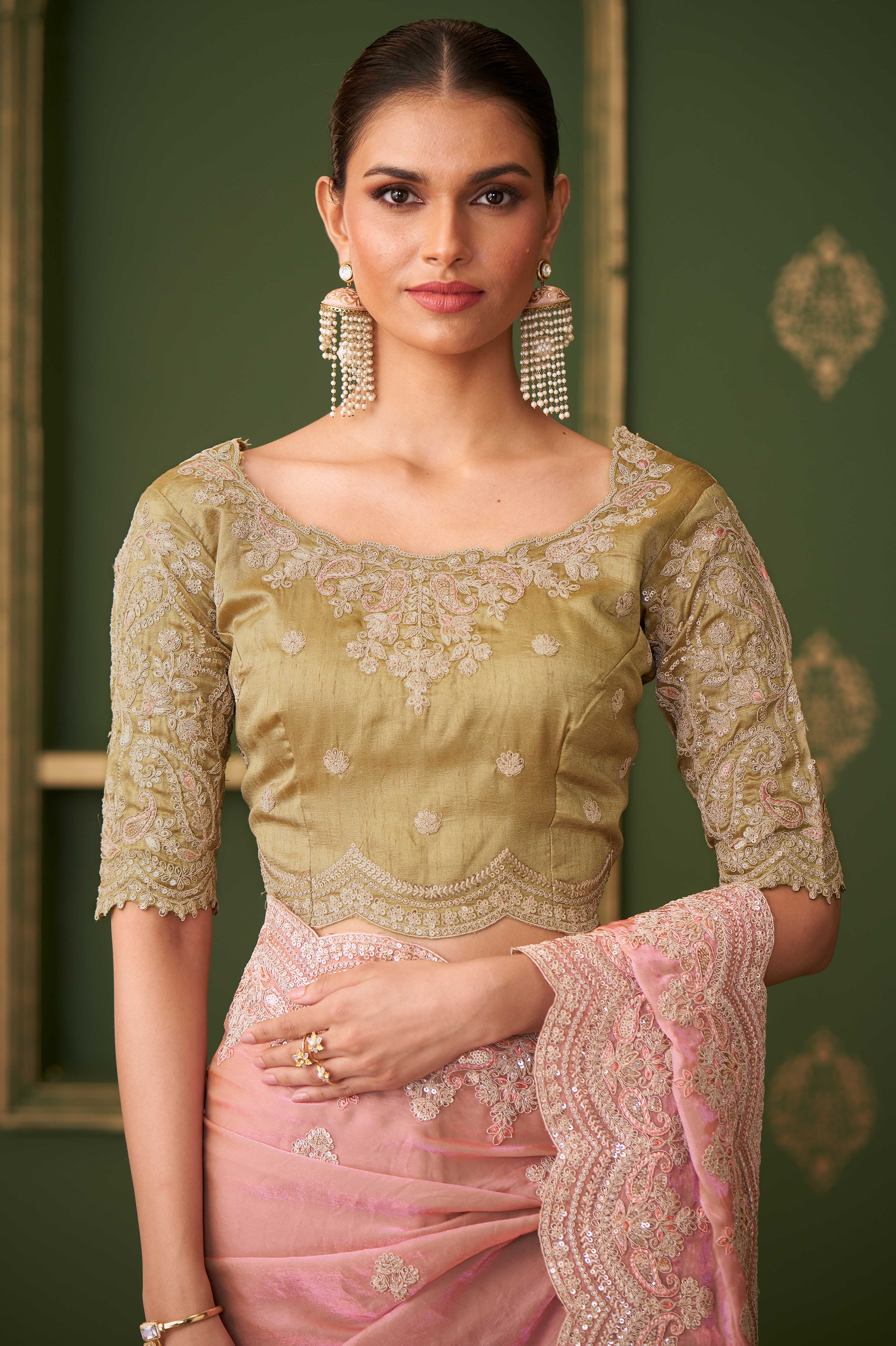 Graceful Peach Georgette Saree Adorned With Floral Cording Sequins Embroidery & Cutwork Border