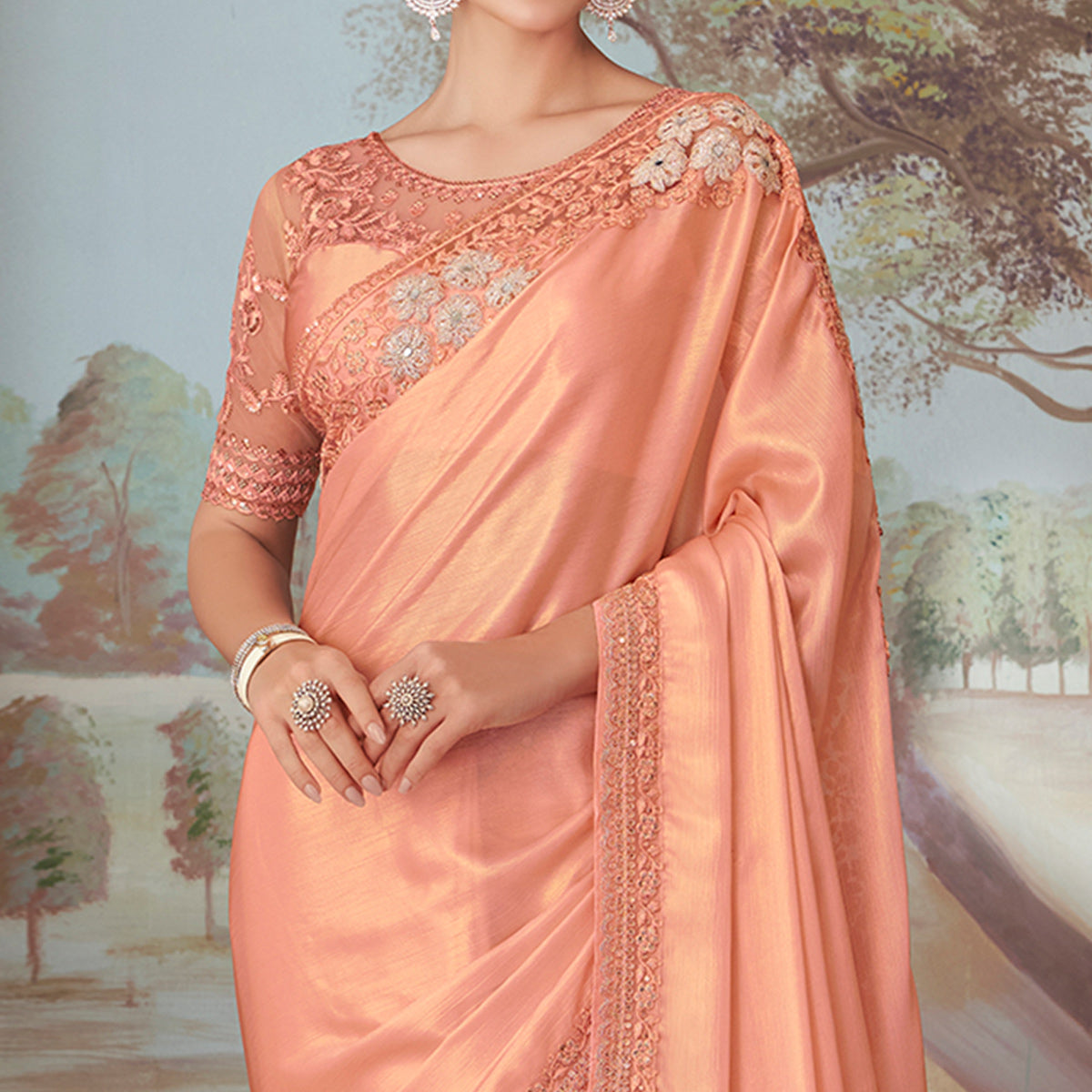 Peach Sequins Embroidered Satin Saree