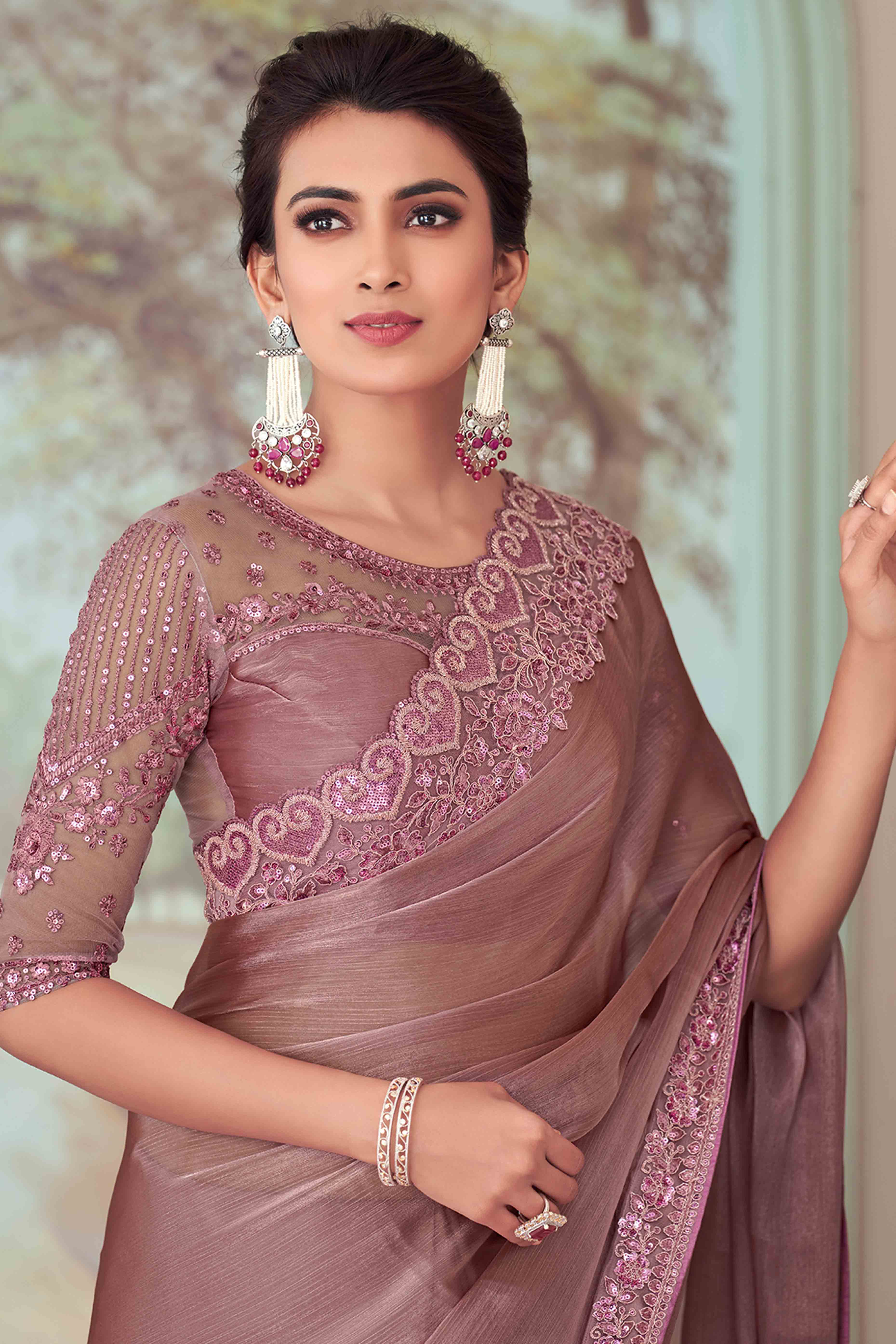 Mauve Floral Sequins Embroidered Georgette Saree