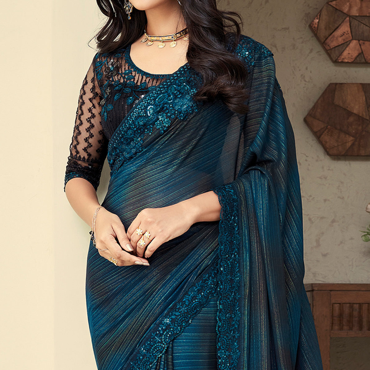 Blue Sequins Embroidered Georgette Saree