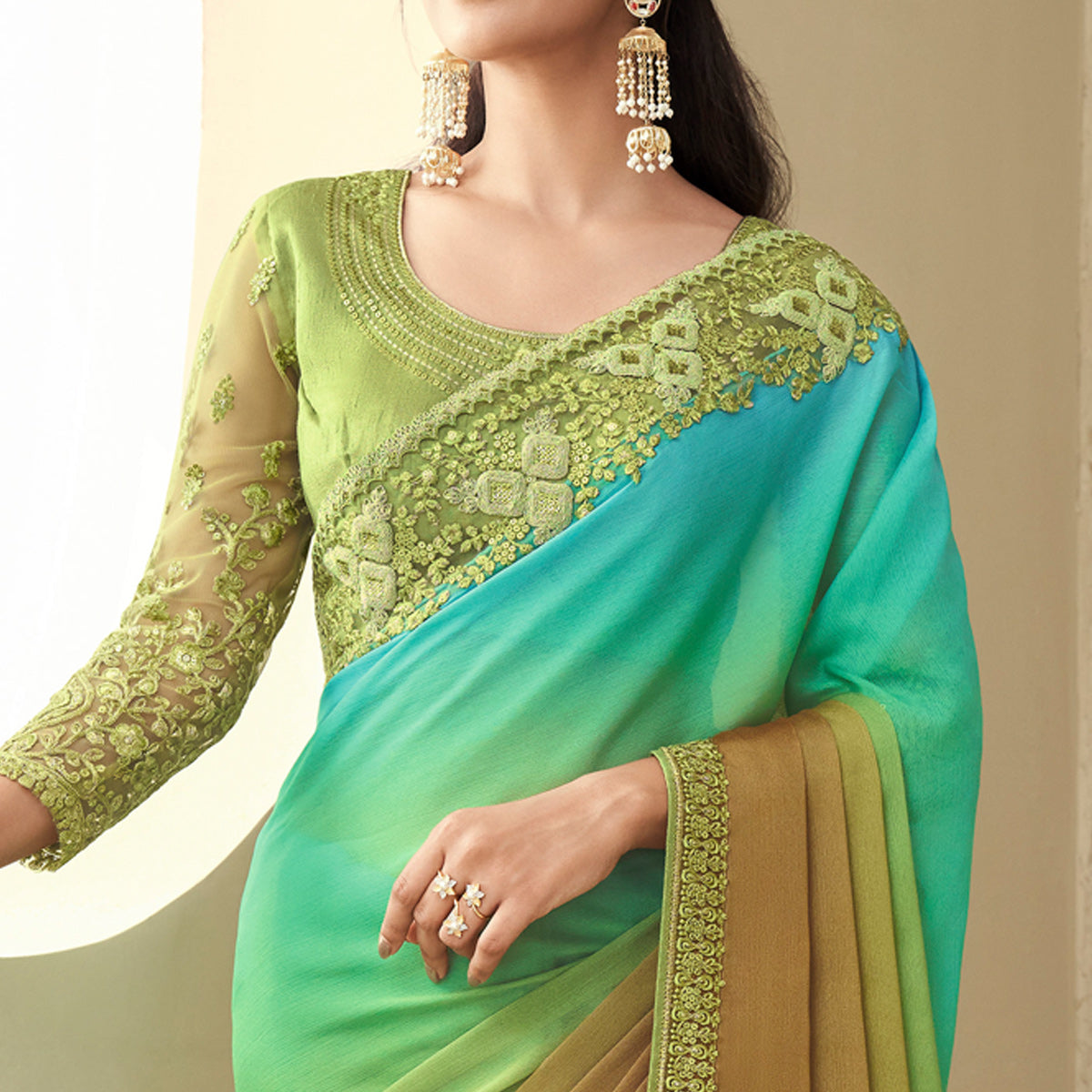 Pista Green Sequins Embroidered Georgette Saree