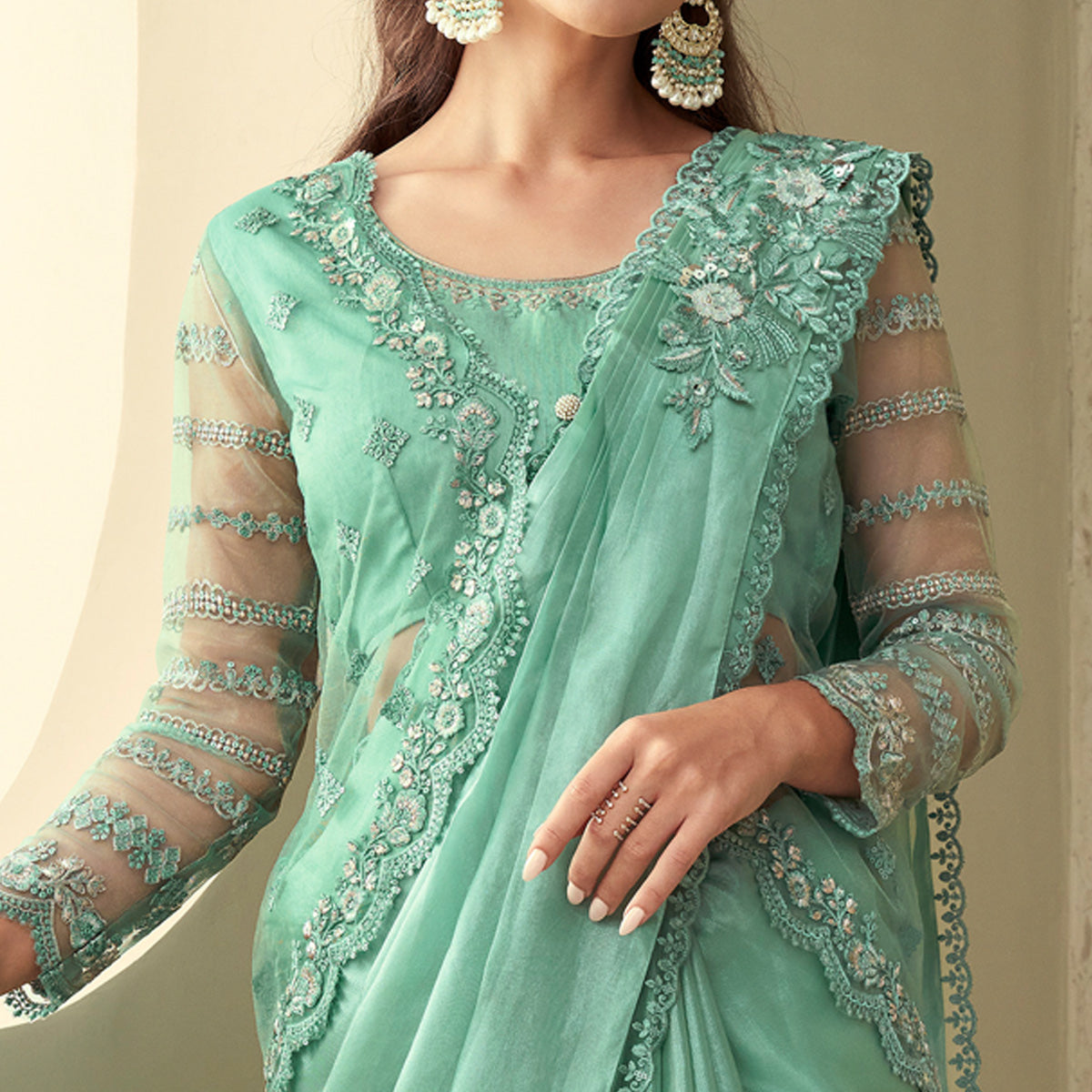 Sea Green Sequins Embroidered Georgette Saree