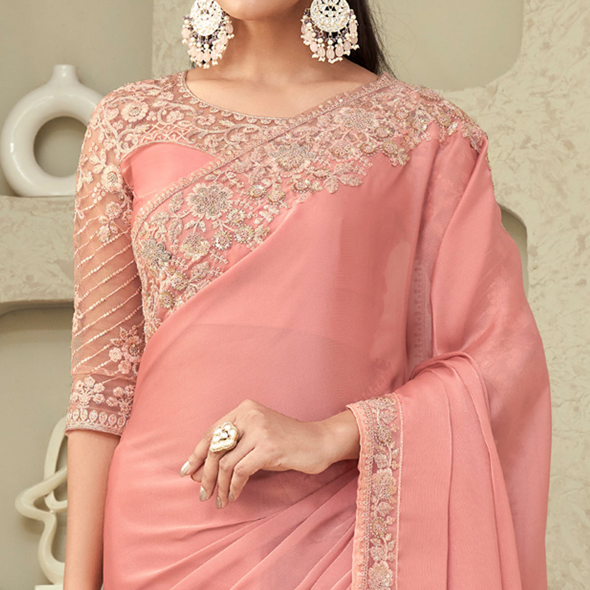 Peach Sequins Embroidered Georgette Saree