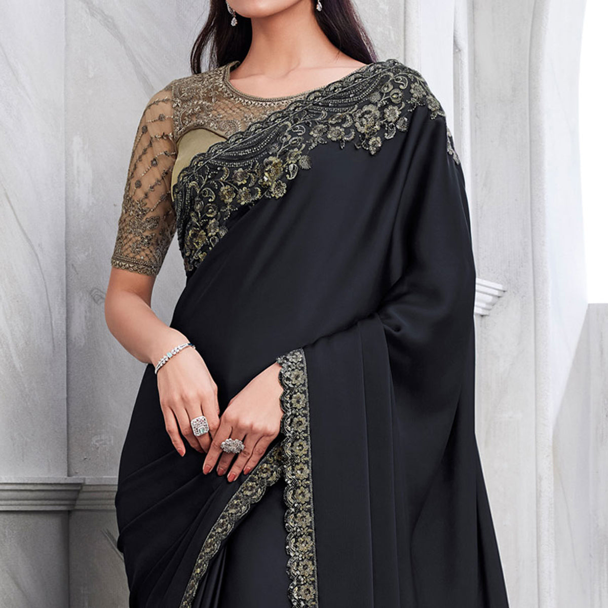 Black Floral Sequins Embroidered Georgette Saree