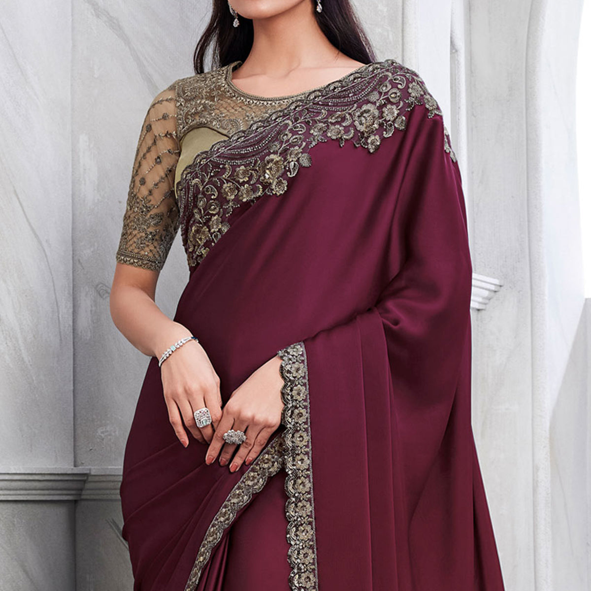 Wine Floral Sequins Embroidered Georgette Saree