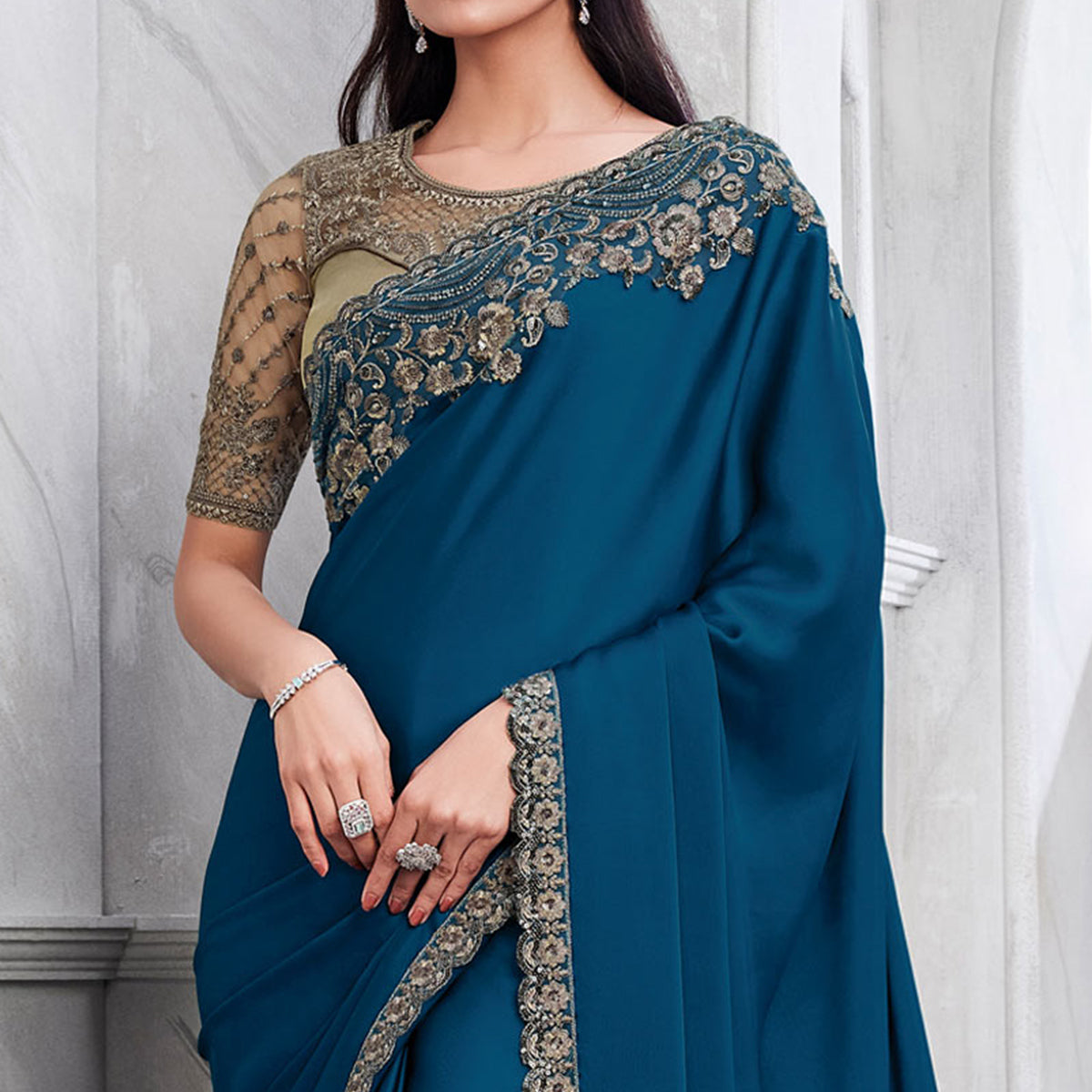 Blue Floral Sequins Embroidered Georgette Saree