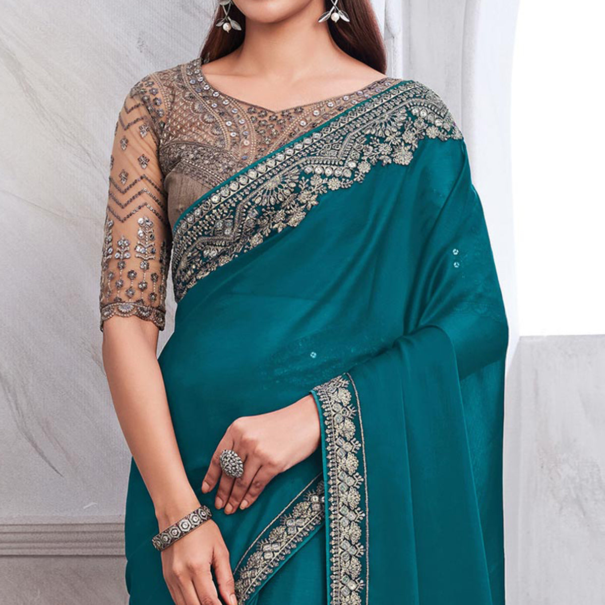 Teal Floral Sequins Embroidered Satin Saree